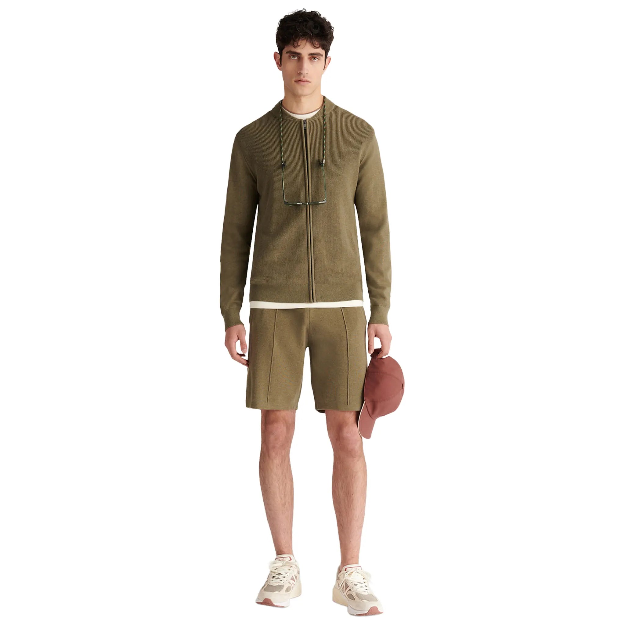 Model View of Peckham Rye Milano Knit Bomber Tea Leaf Cardigan