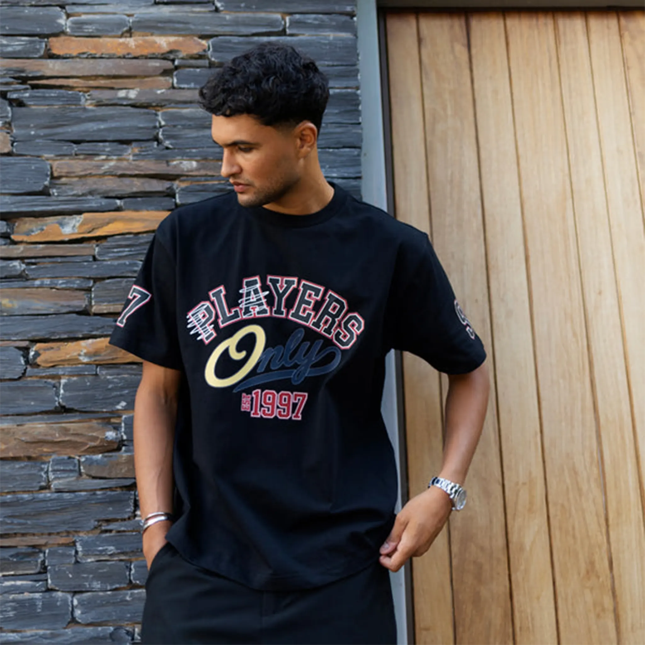 Model view of Players Only Jersey Black T-Shirt