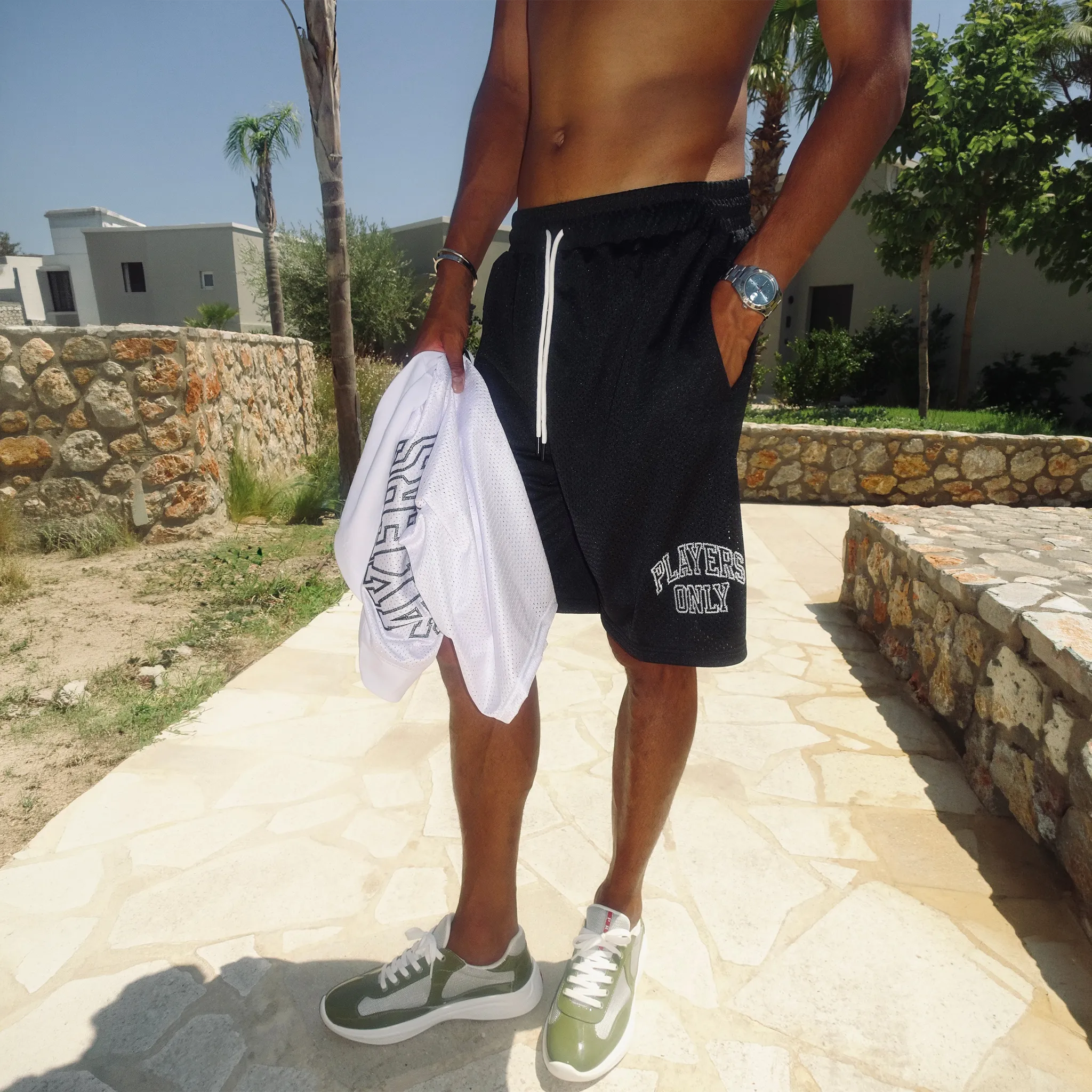 Front Side View of Players Only Mesh Black Jersey Shorts
