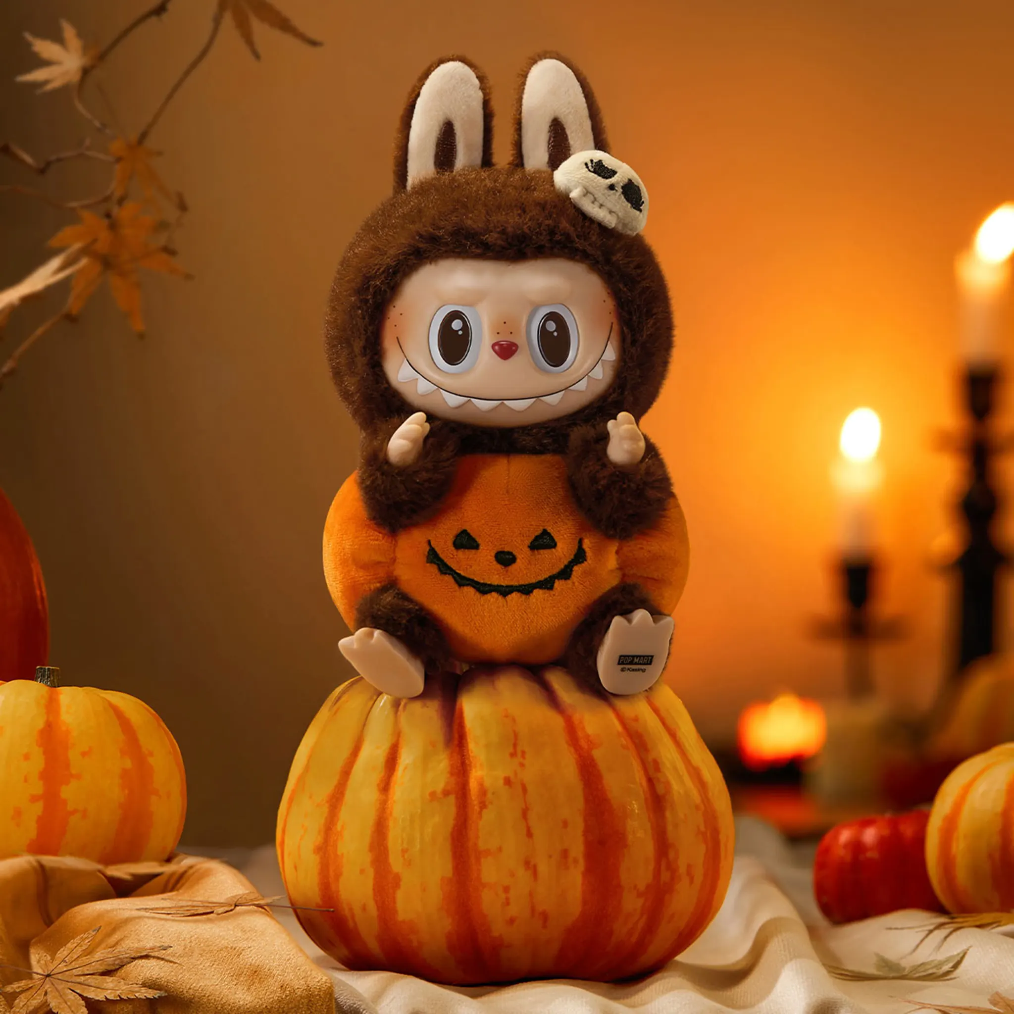 Front View of Pop Mart Labubu Happy Halloween Party Series-Sitting Pumpkin Vinyl Plush Pendant (Single)