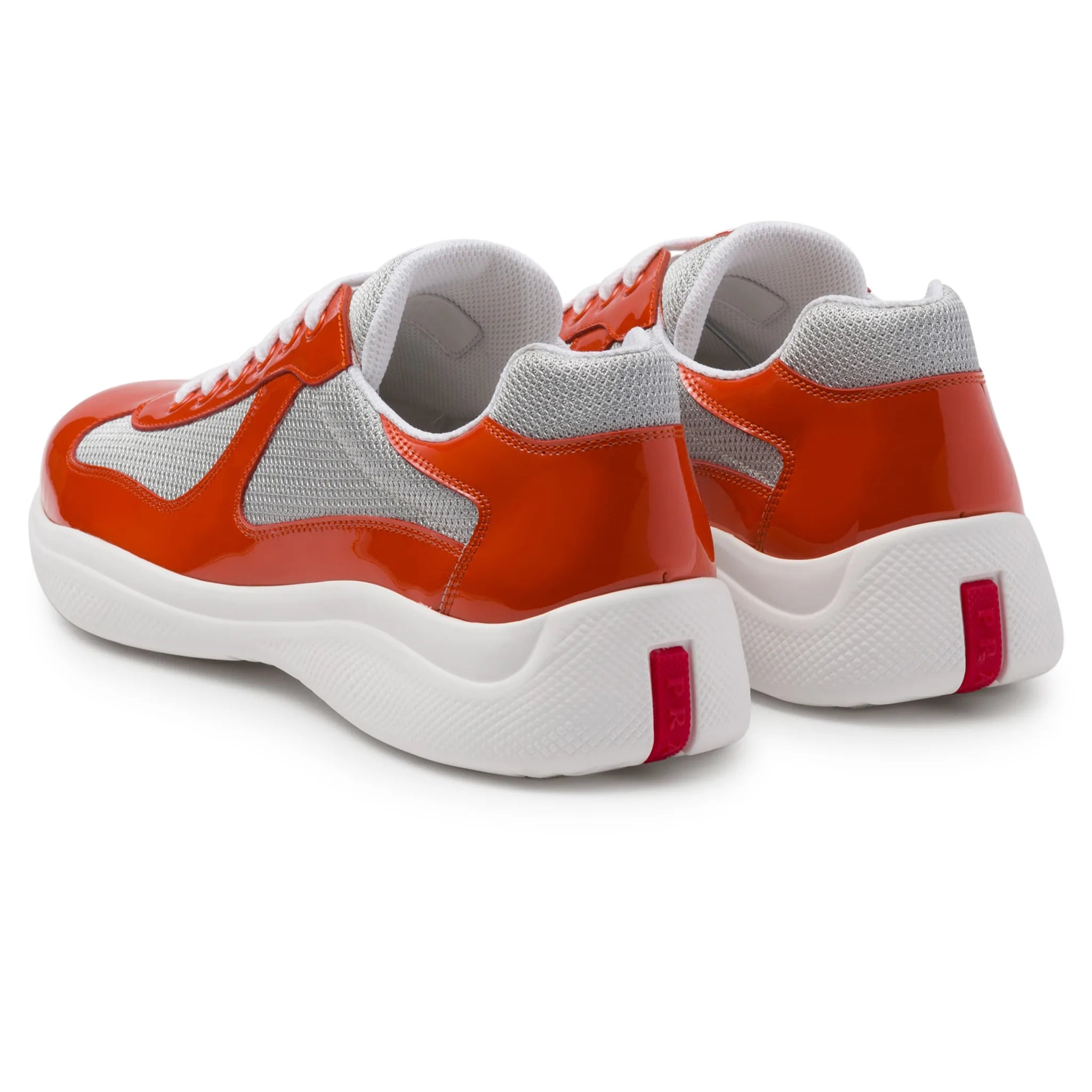 Back view of Prada Americas Cup Orange Silver Sneaker 4E3400_ASZ_F0Q2O