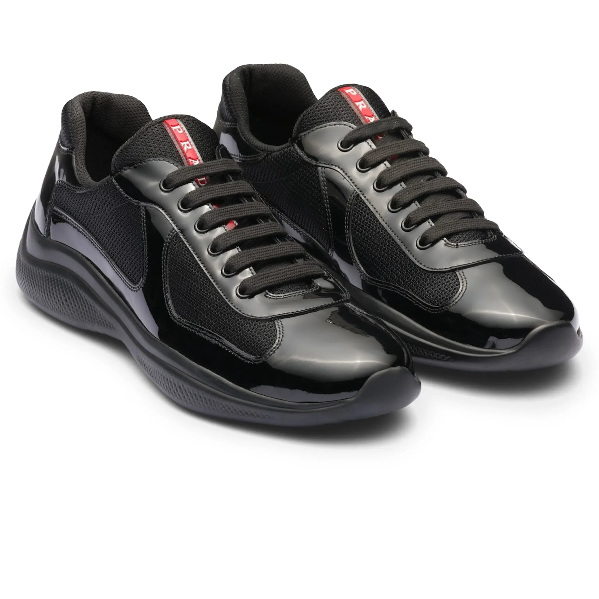 Front Side View of Prada Americas Cup Patent Leather And Technical fabric Black Sneakers 4E3400_ASZ_F0002