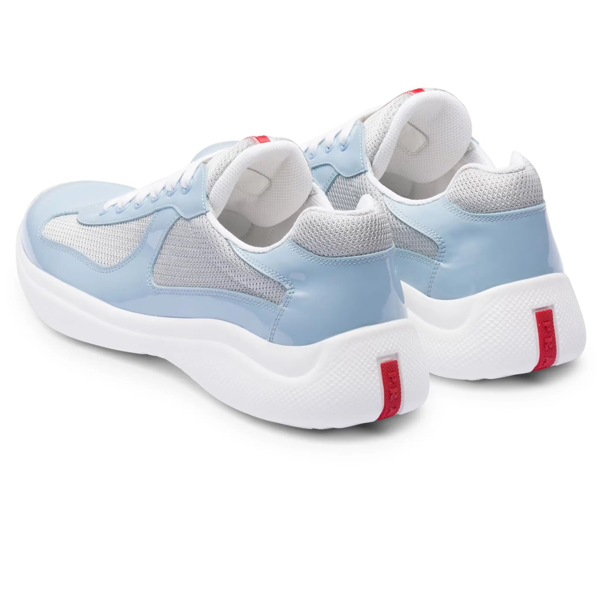 Back view of Prada Americas Cup Patent Leather and Technical Fabric Silver Celeste Sneakers 4E3400_ASZ_F0D9Z