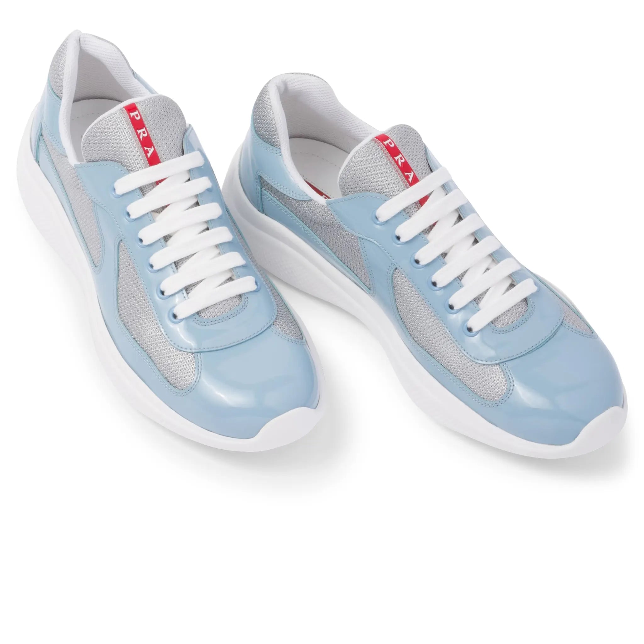 Pair view of Prada Americas Cup Patent Leather and Technical Fabric Silver Celeste Sneakers 4E3400_ASZ_F0D9Z