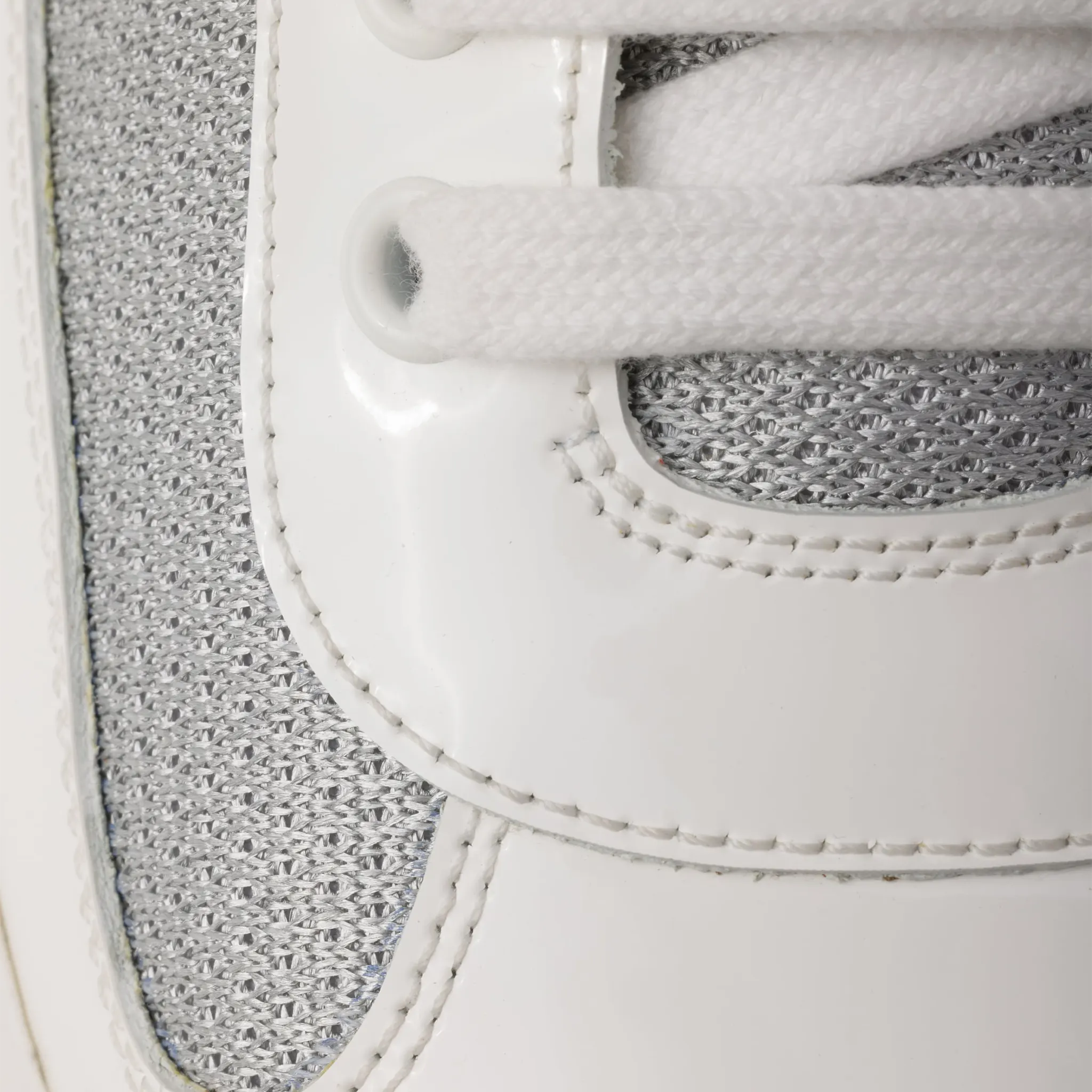 Detailed View of Prada Americas Cup Patent White Silver Sneaker 4E3400_ASZ_F0J36_F_G000