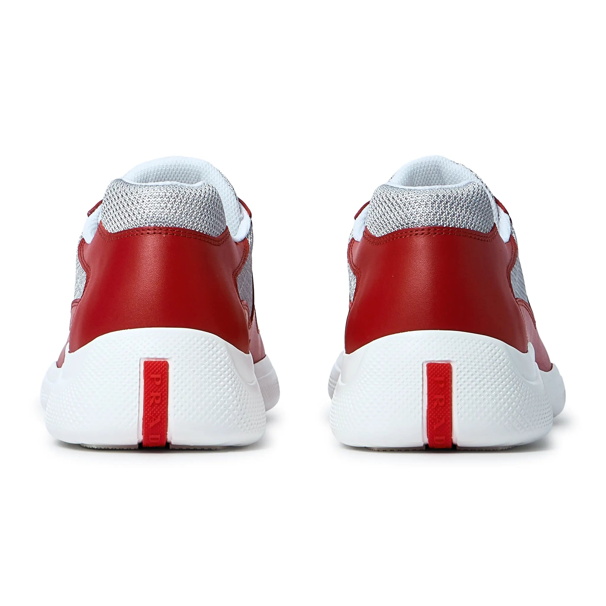 Back View of Prada Americas Cup Soft Rubber And Bike Fabric Red Silver Sneaker 4E3400_6GW_F0J3Y