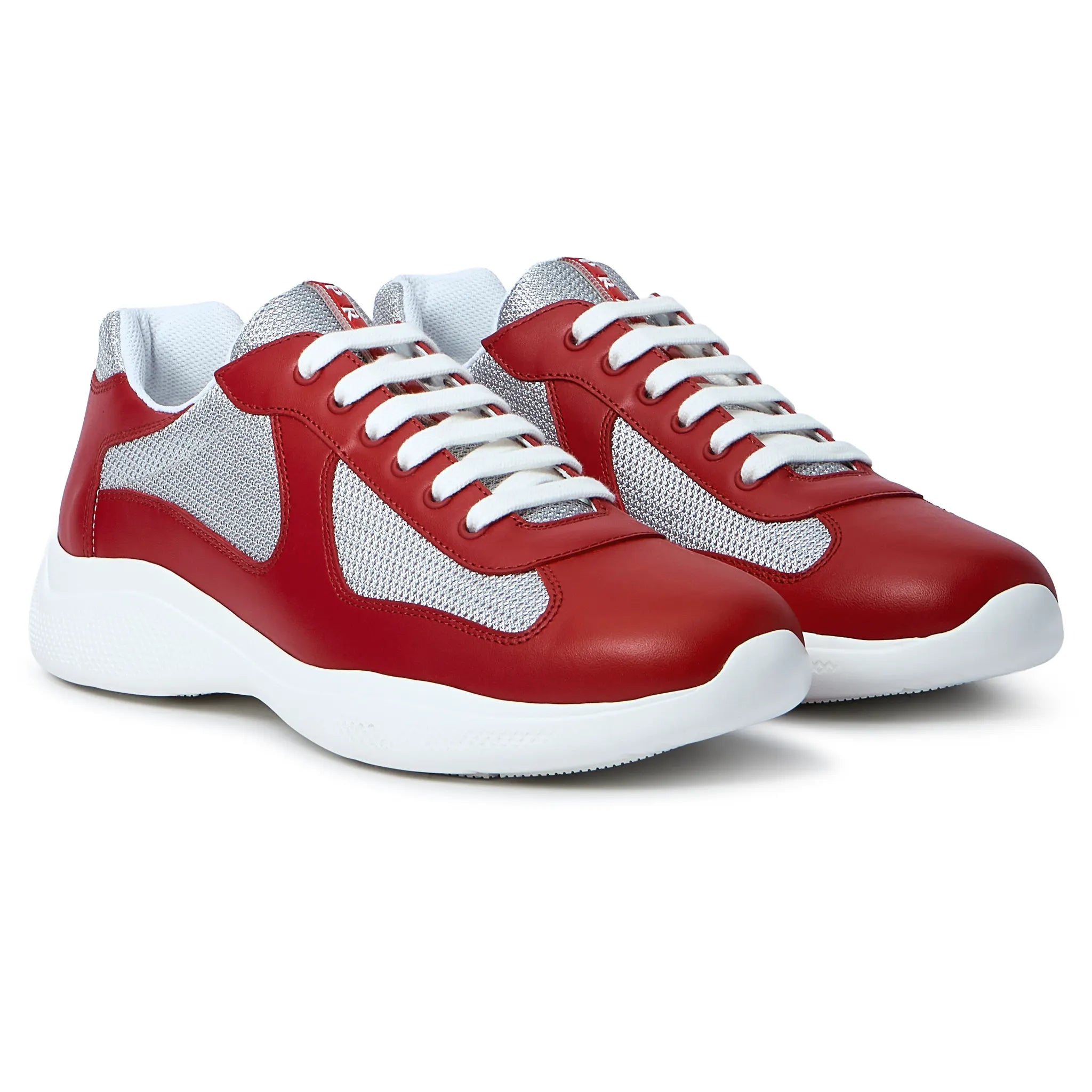 Front Side View of Prada Americas Cup Soft Rubber And Bike Fabric Red Silver Sneaker 4E3400_6GW_F0J3Y