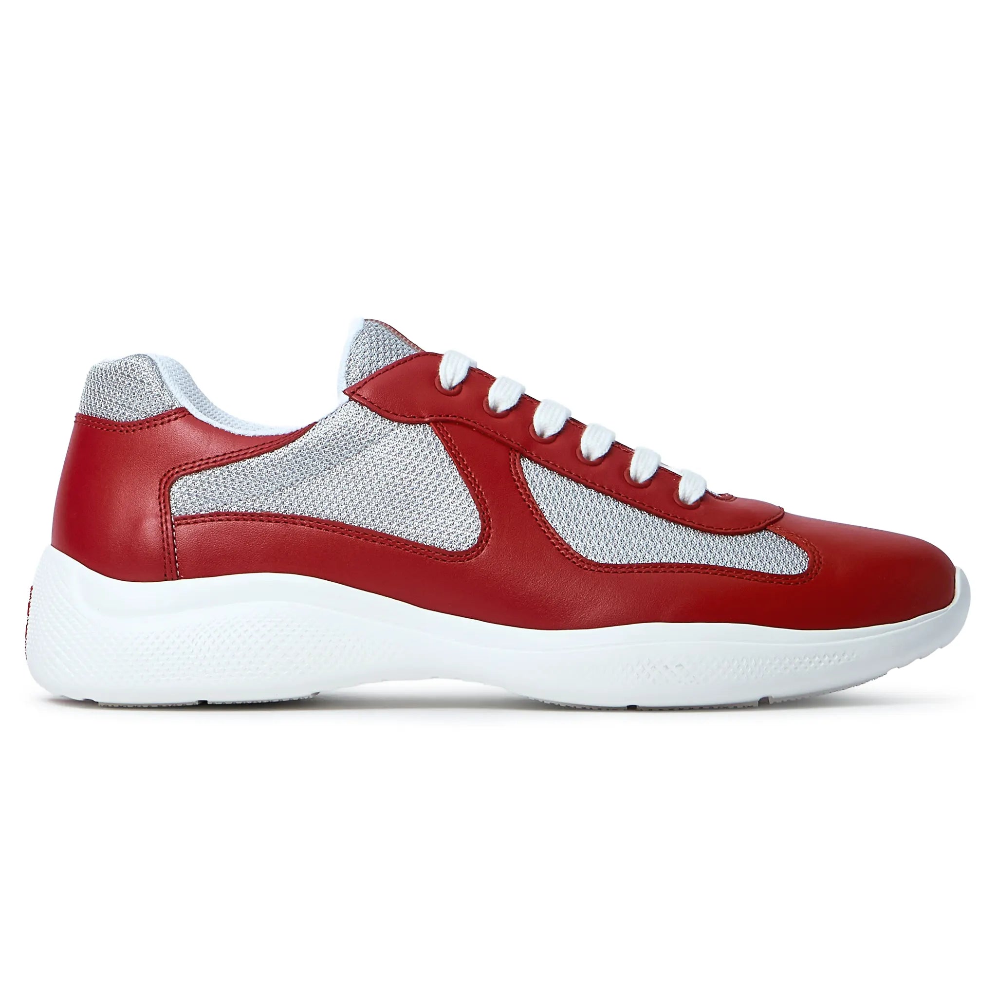 Side View of Prada Americas Cup Soft Rubber And Bike Fabric Red Silver Sneaker 4E3400_6GW_F0J3Y