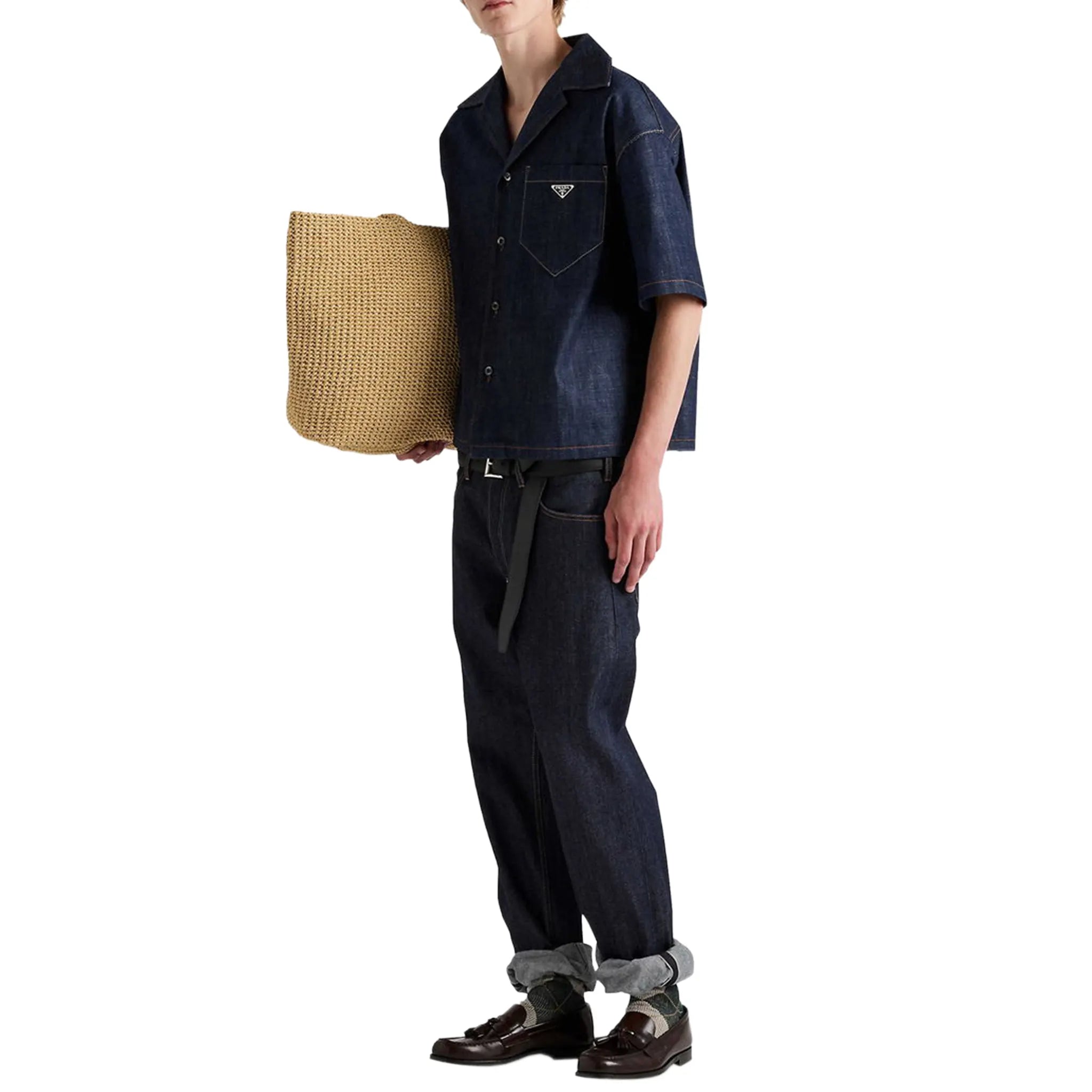Front Side View of Prada Bowling Denim S/S Navy Shirt GEC116_18ME_F0008_S_OOO