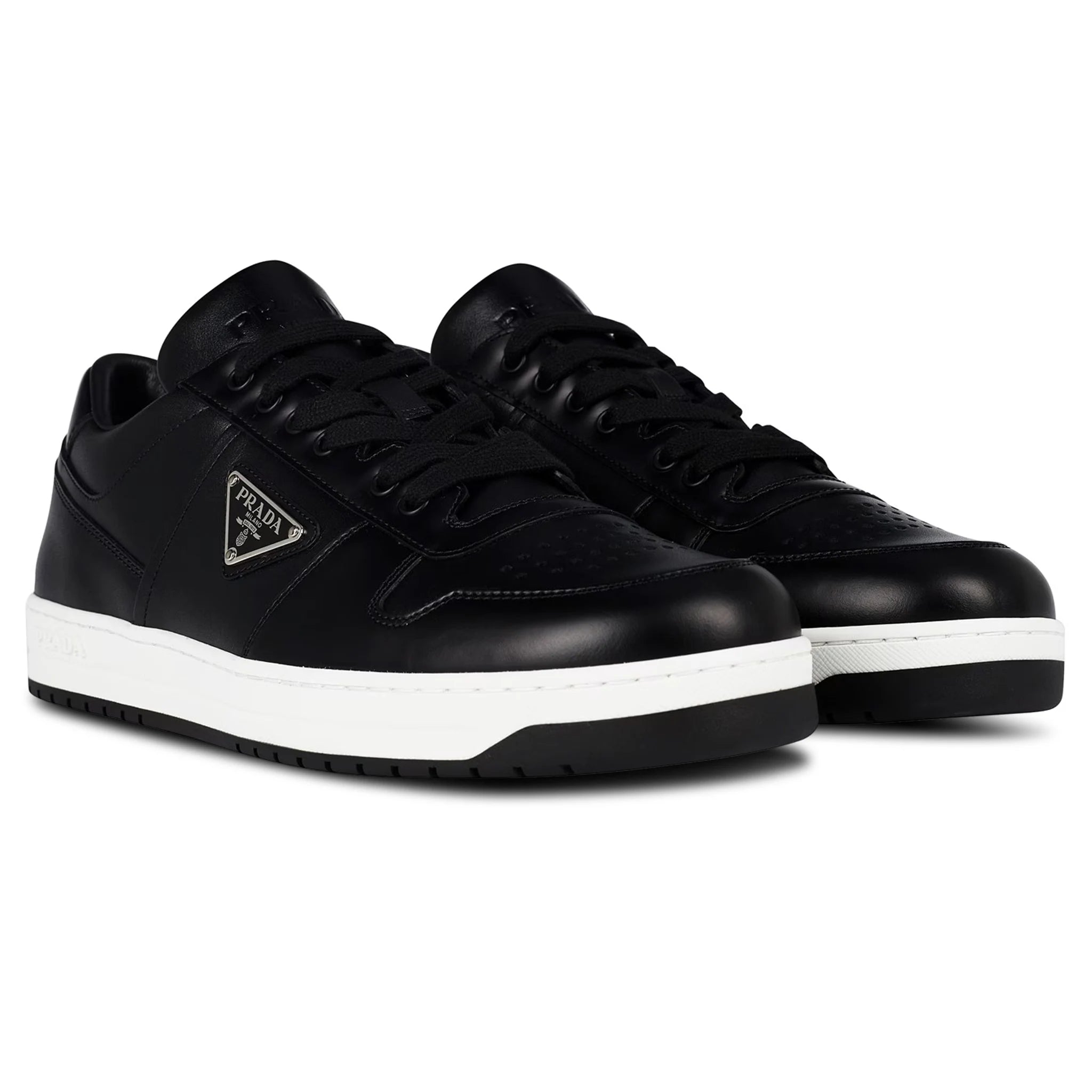 Front side view of Prada Downtown Leather Low Top Black Sneaker