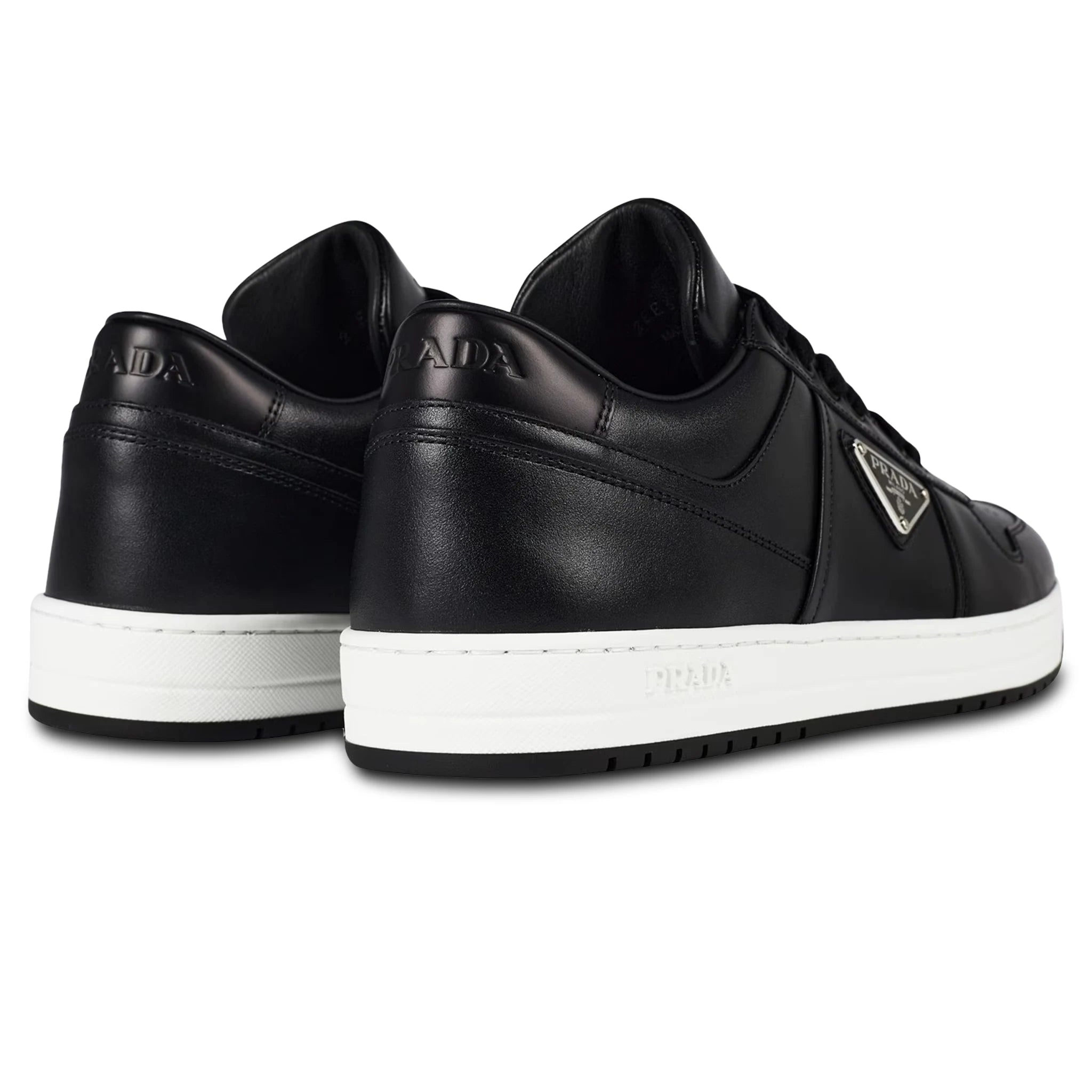 Heel view of Prada Downtown Leather Low Top Black Sneaker