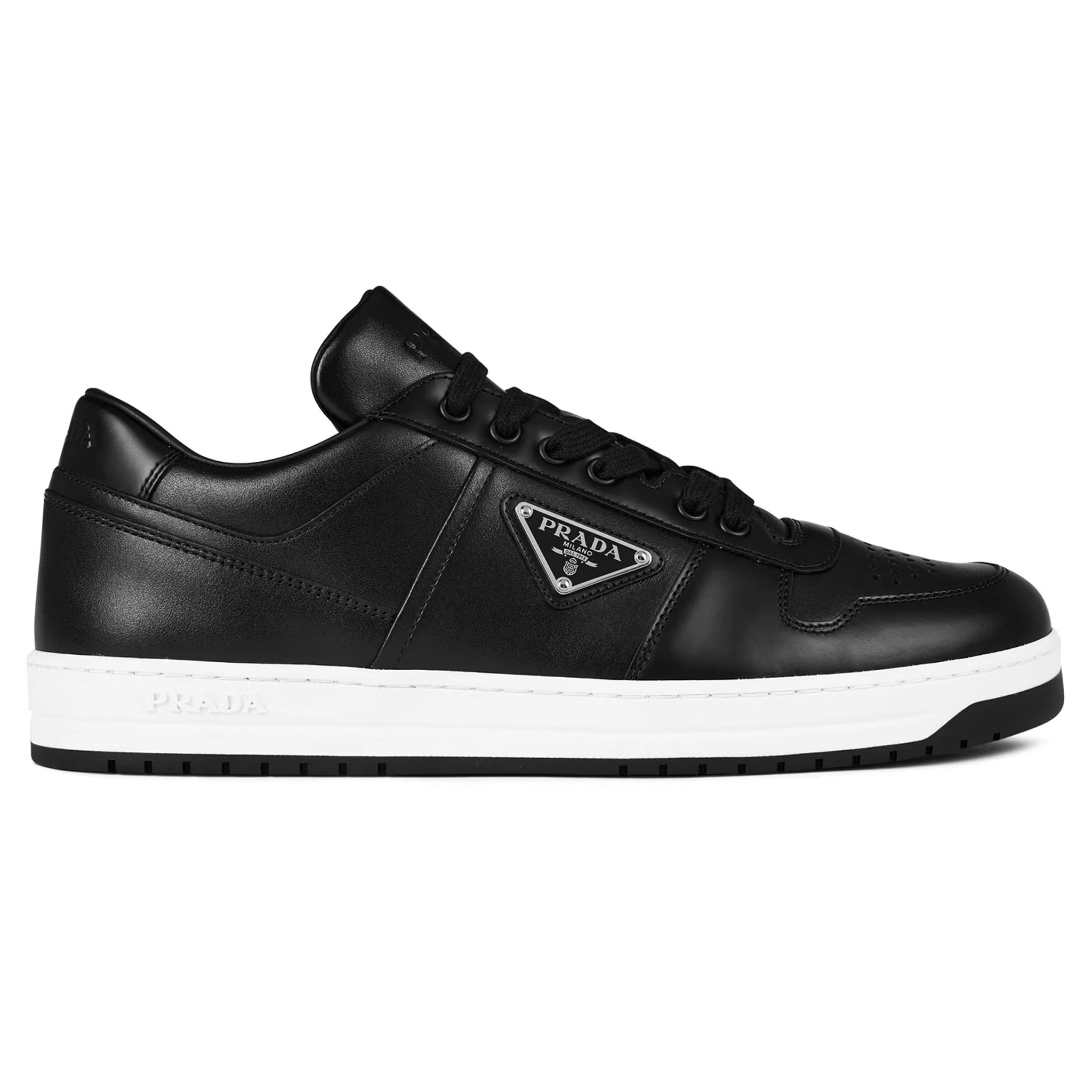 Side view of Prada Downtown Leather Low Top Black Sneaker