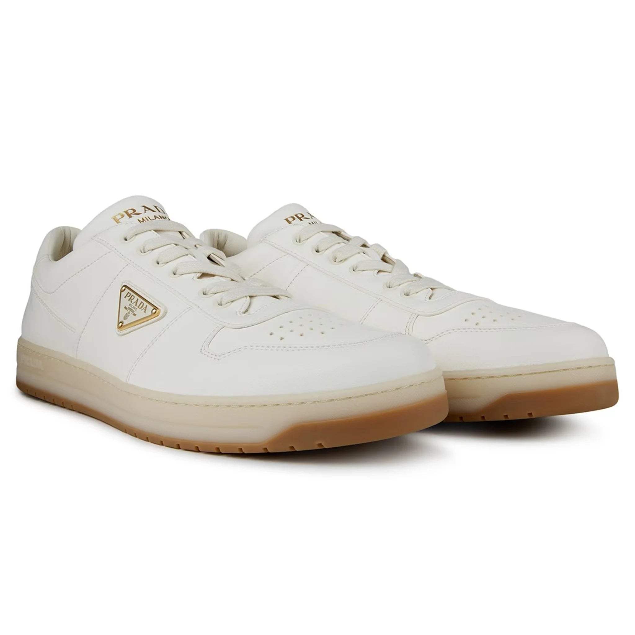 Front side view of Prada Downtown Leather Low Top White Beige Sneaker