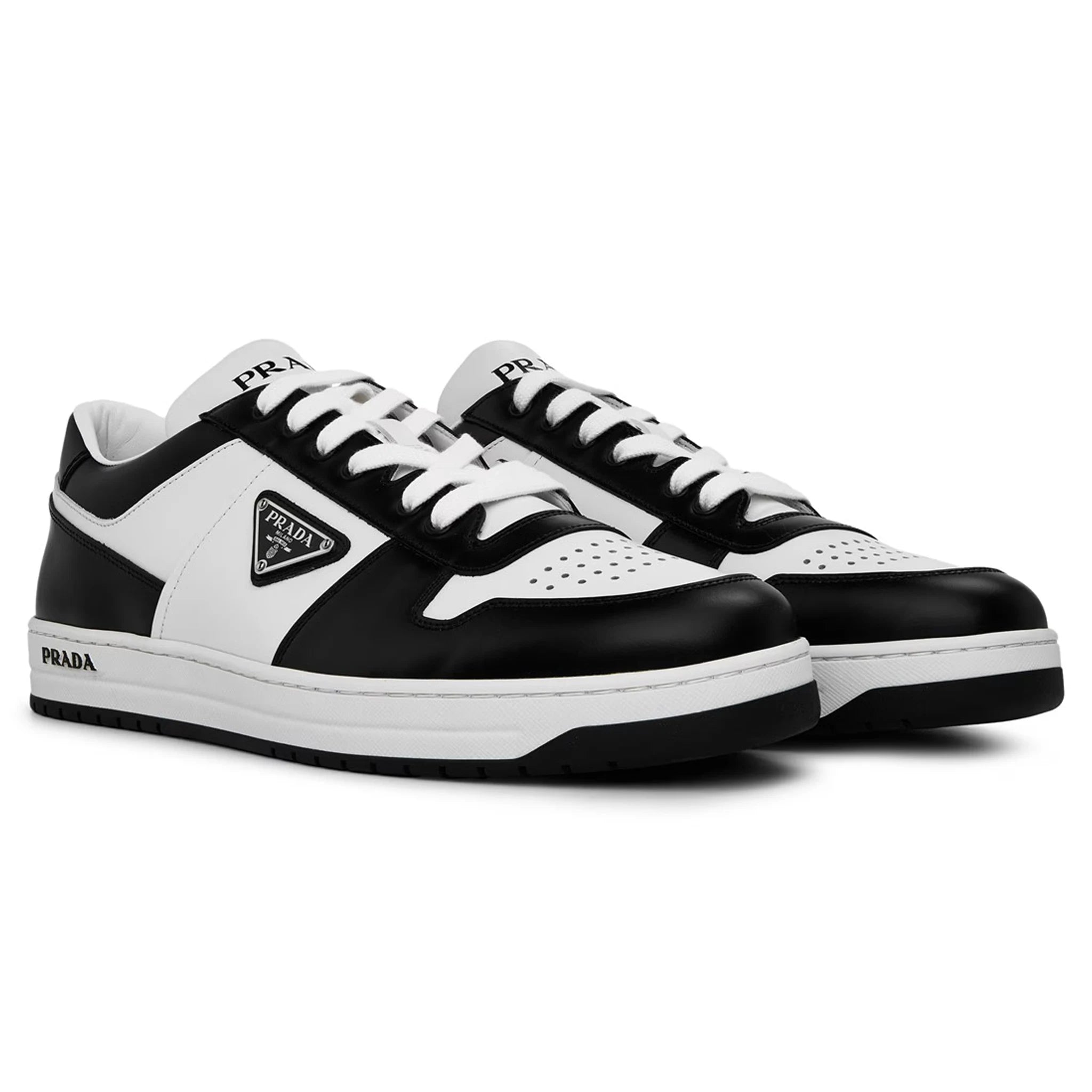Front side view of Prada Downtown Leather Low Top White Black Sneaker