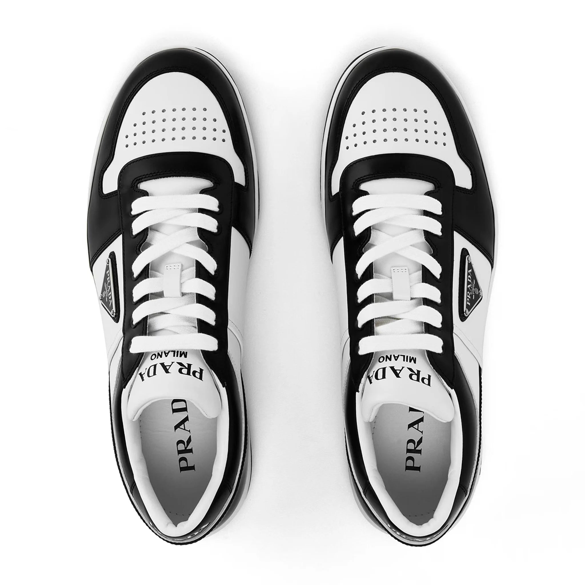 Top view of Prada Downtown Leather Low Top White Black Sneaker