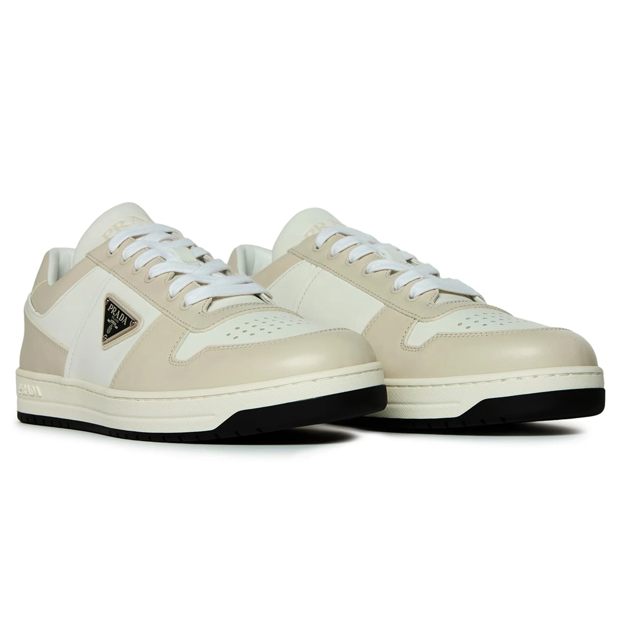 Front side view of Prada Downtown Leather Low Top White Grey Sneaker