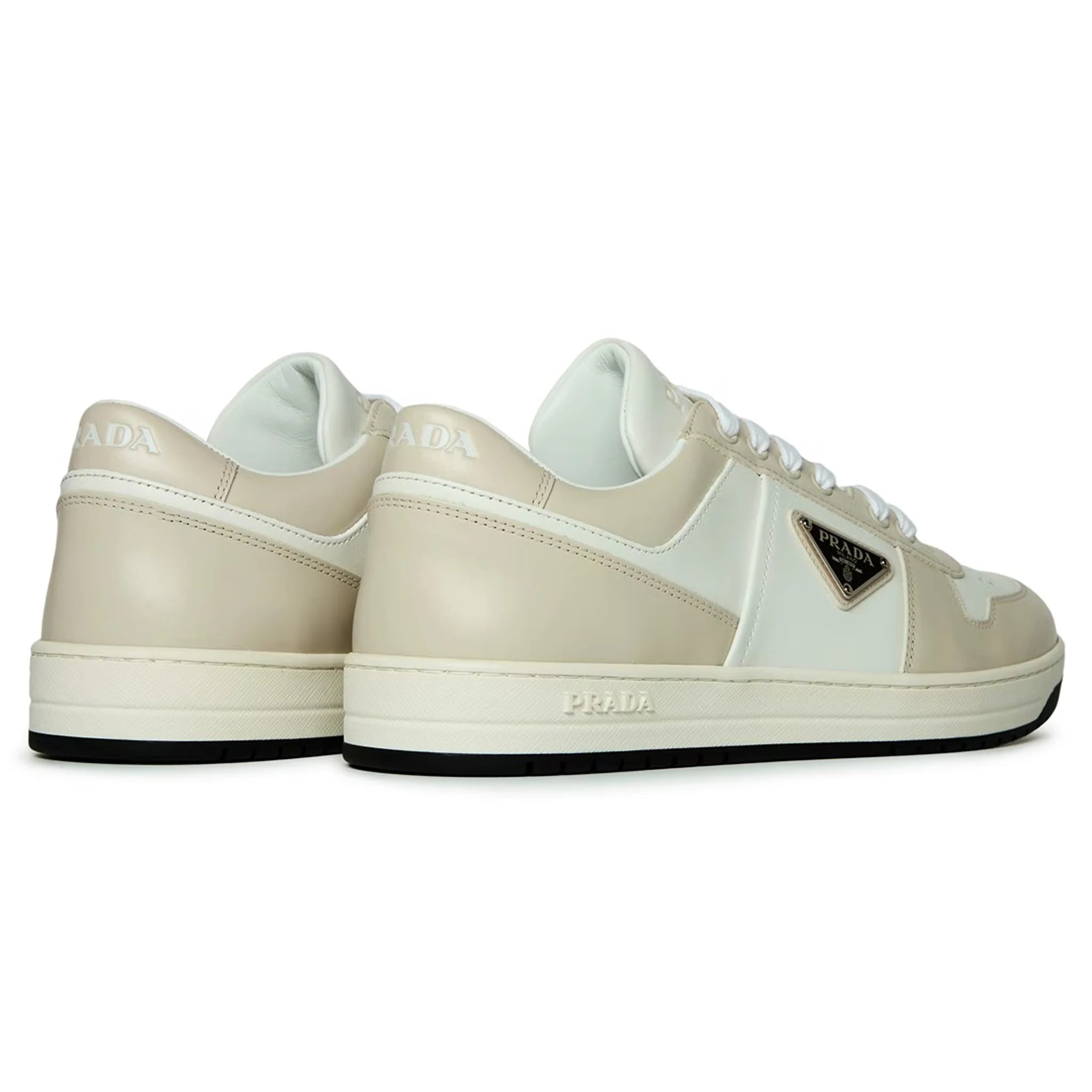 Heel view of Prada Downtown Leather Low Top White Grey Sneaker