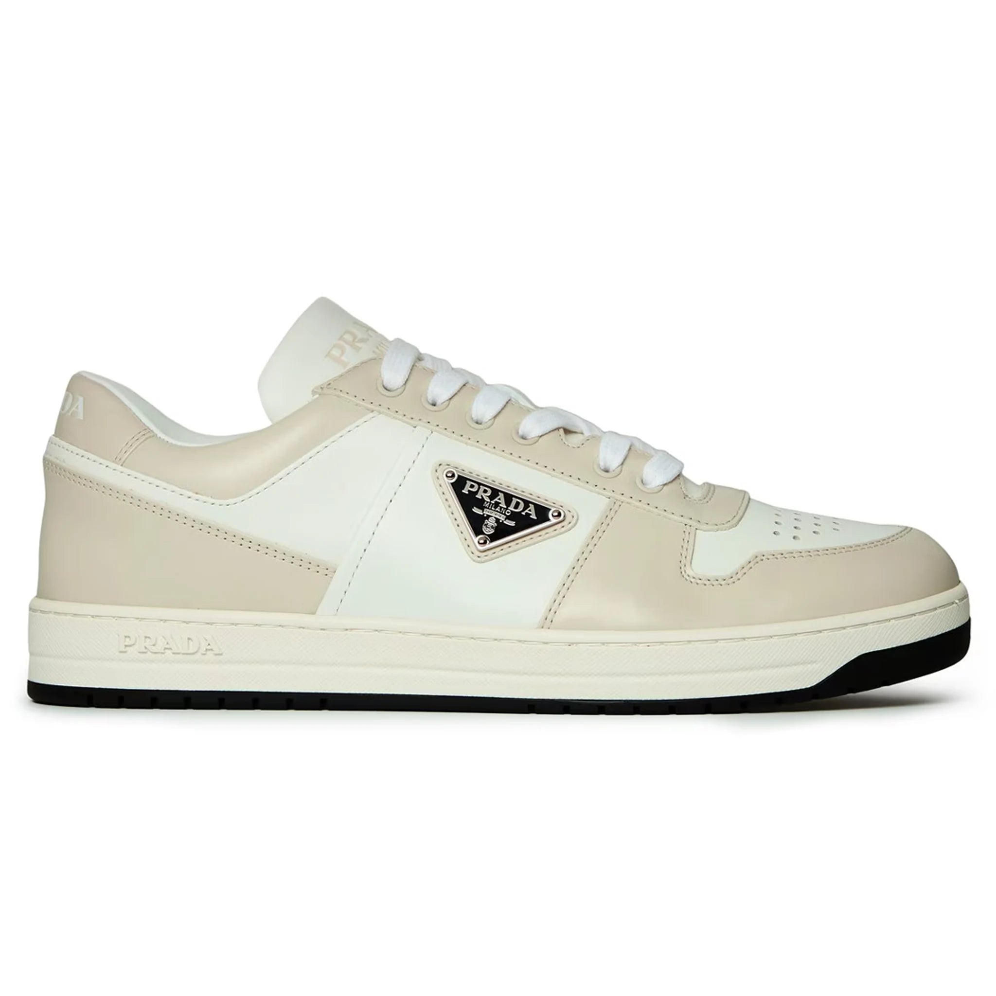 Side view of Prada Downtown Leather Low Top White Grey Sneaker