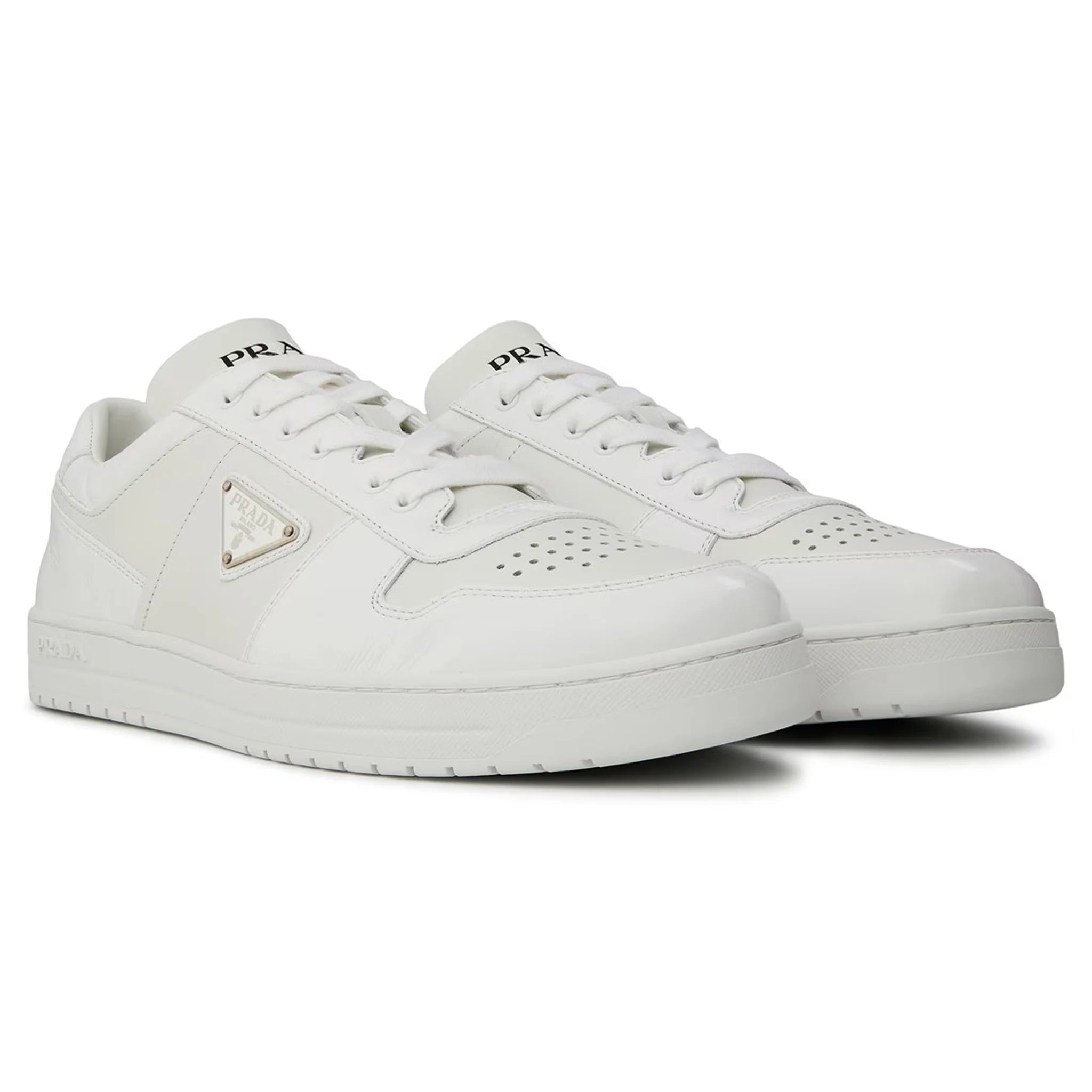 Front side view of Prada Downtown Leather Low Top White Sneaker