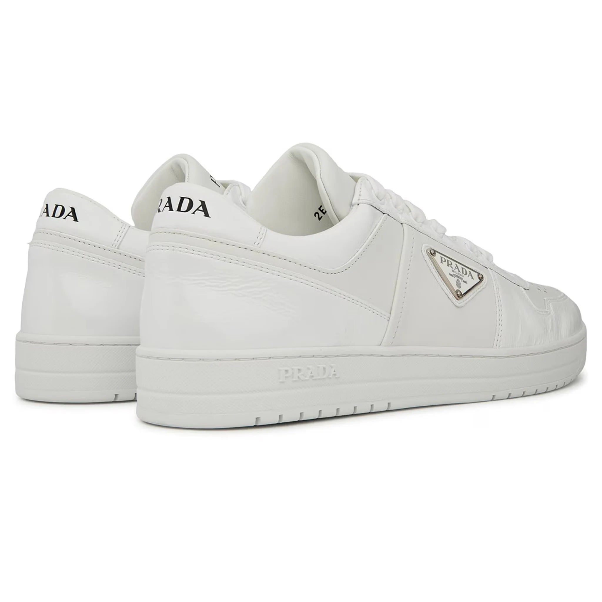Heel view of Prada Downtown Leather Low Top White Sneaker