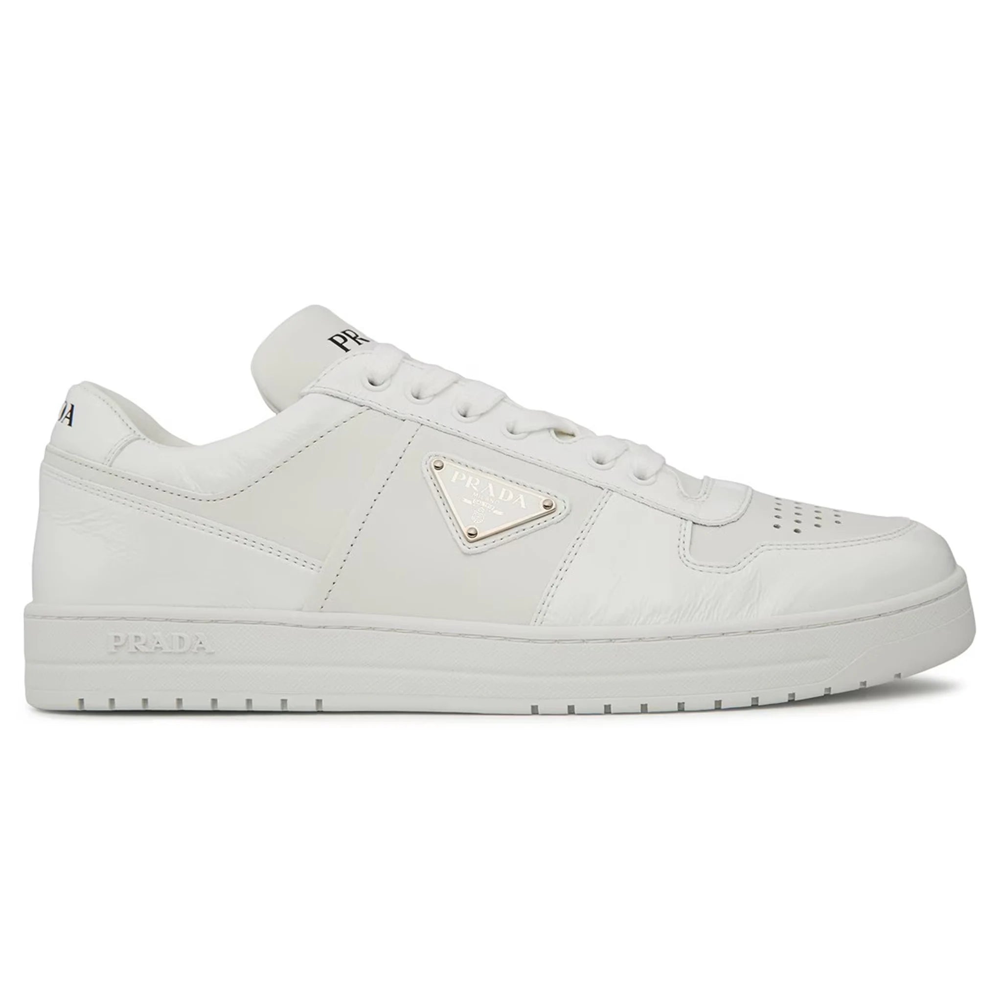Side view of Prada Downtown Leather Low Top White Sneaker