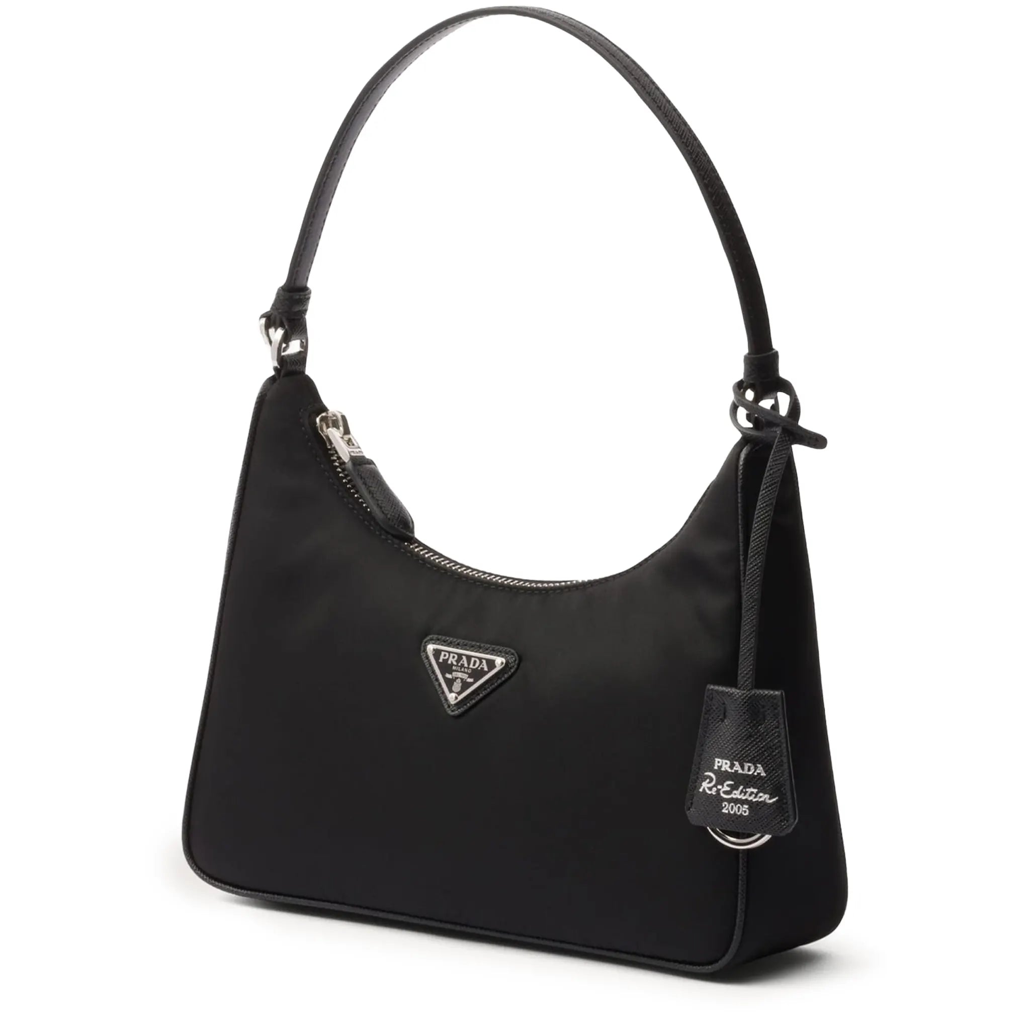 Front Side View of Prada Logo Re-Edition 2005 Mini Black Bag