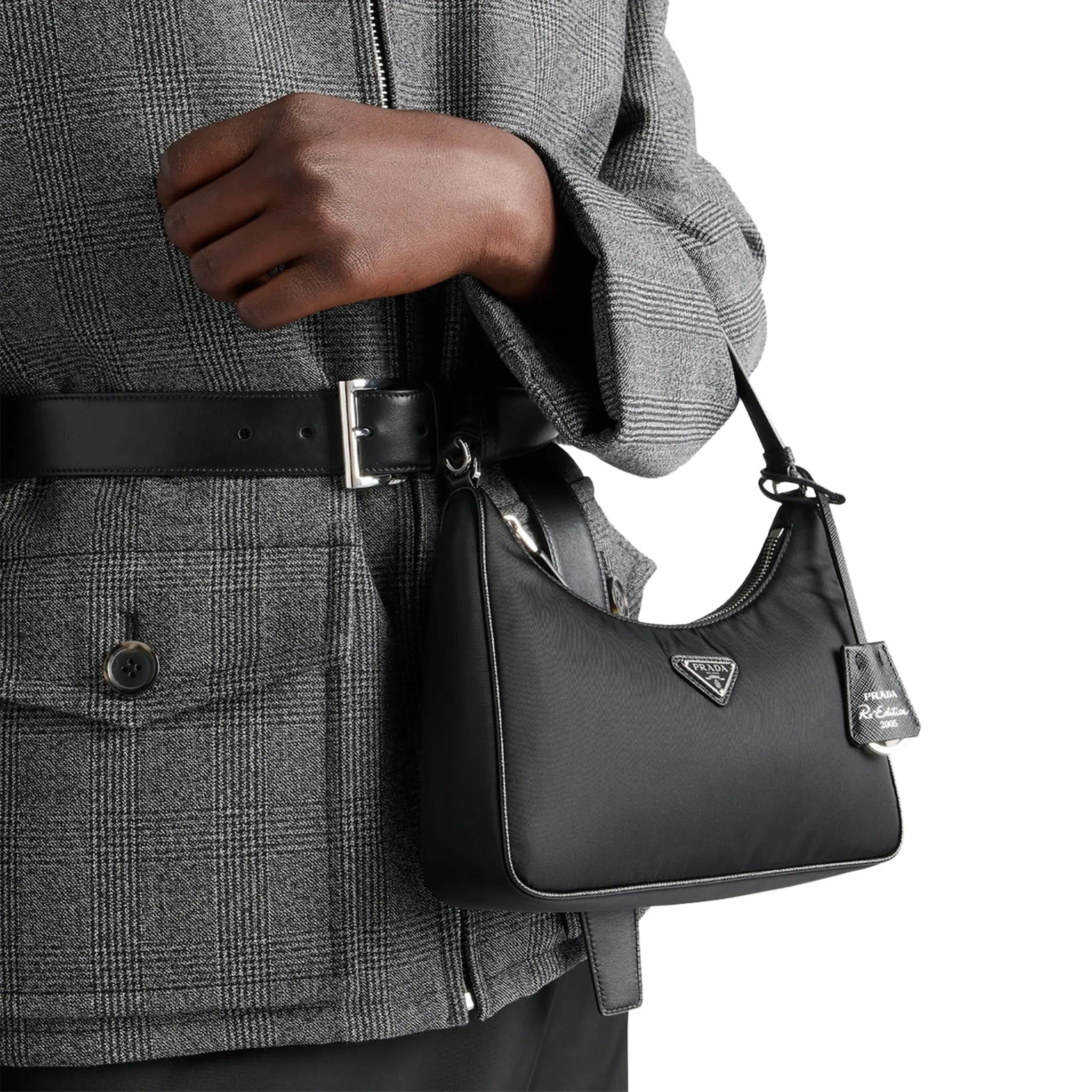 Model View of Prada Logo Re-Edition 2005 Mini Black Bag