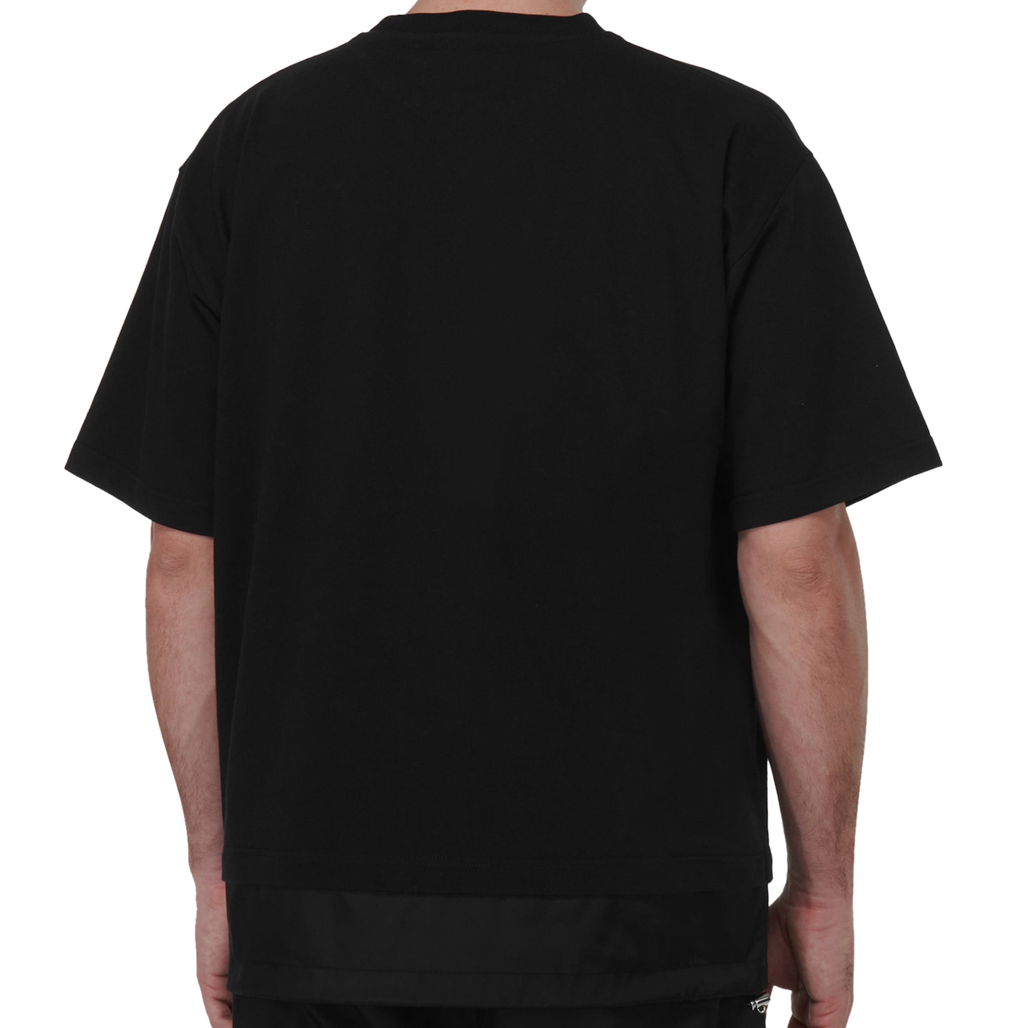 Back model View of Prada Logo Re-Nylon Jersey T Shirt Black UJN742_1YYA_F0806_S_202