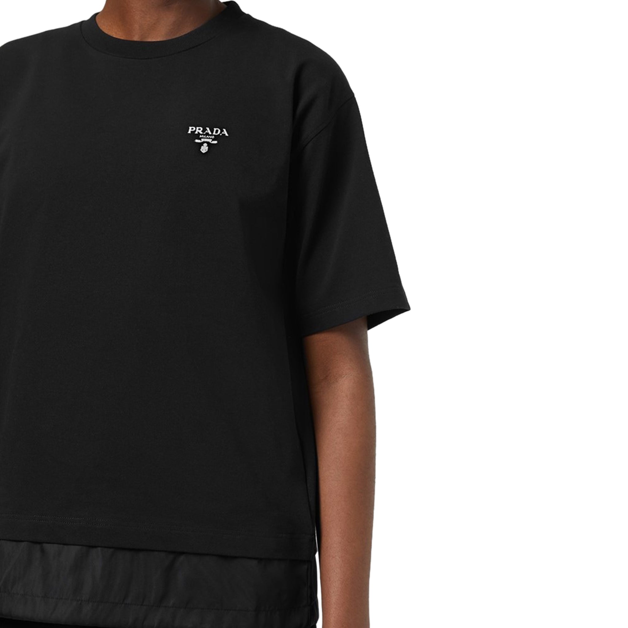 Model of Prada Logo Re-Nylon Jersey T Shirt Black UJN742_1YYA_F0806_S_202