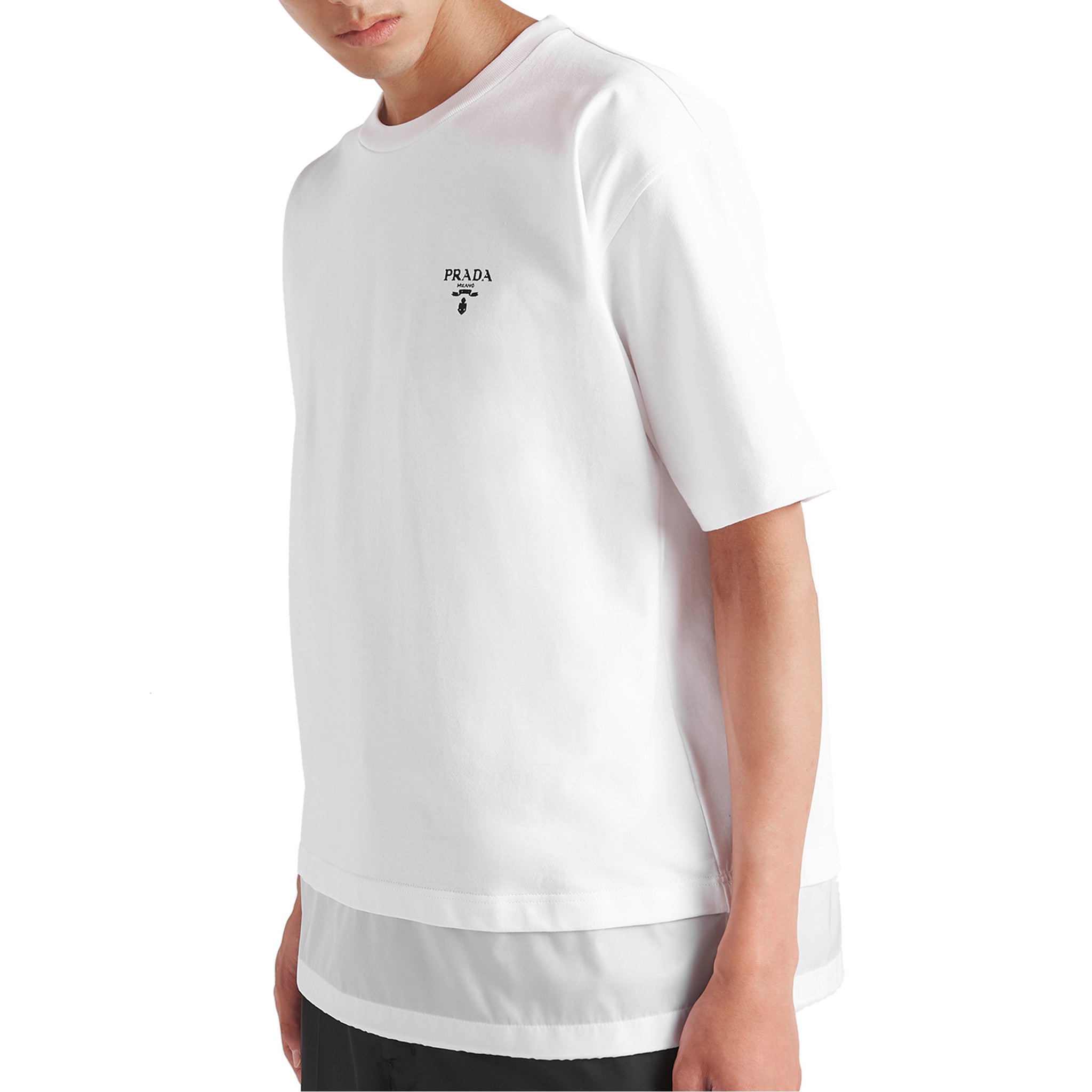 Side model view of Prada Logo Re-Nylon Jersey T Shirt White UJN742_10VP_F0N40_S_202
