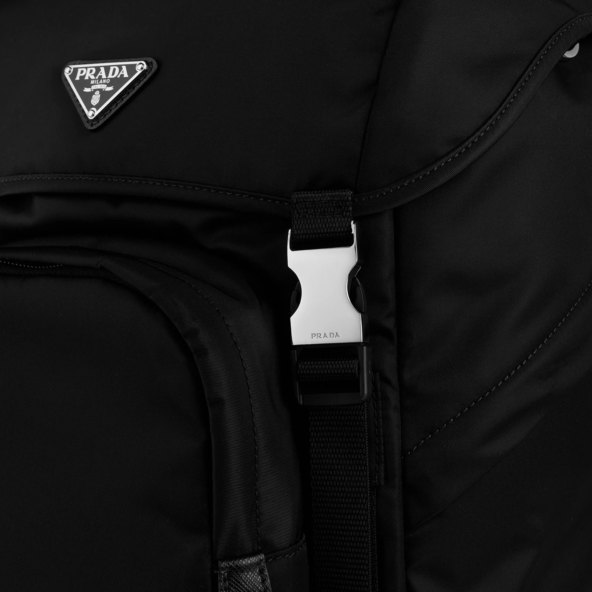 Detail view of Prada Re-Nylon Saffiano Leather Black Backpack 2VZ135_2DMG_F0002_V_HOL