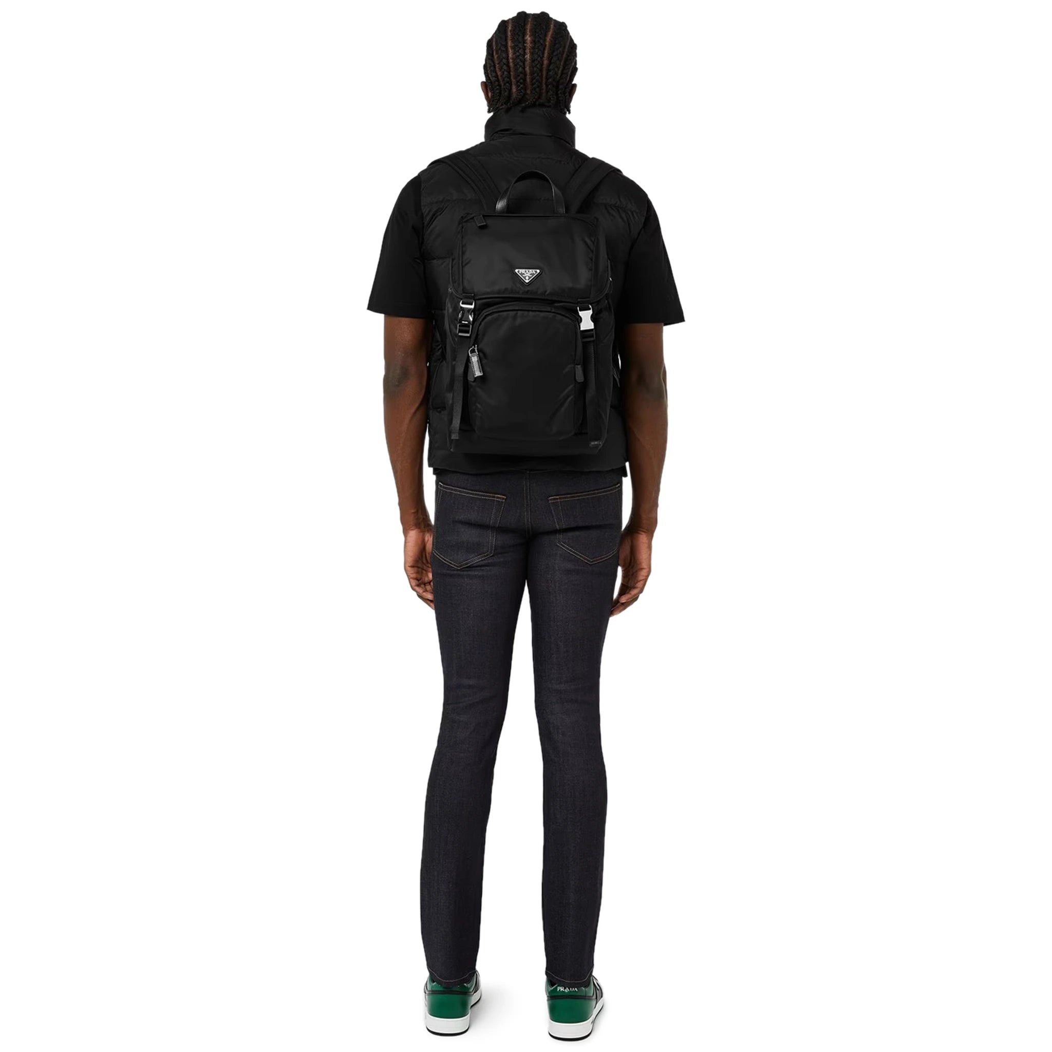 Model Front view of Prada Re-Nylon Saffiano Leather Black Backpack 2VZ135_2DMG_F0002_V_HOL