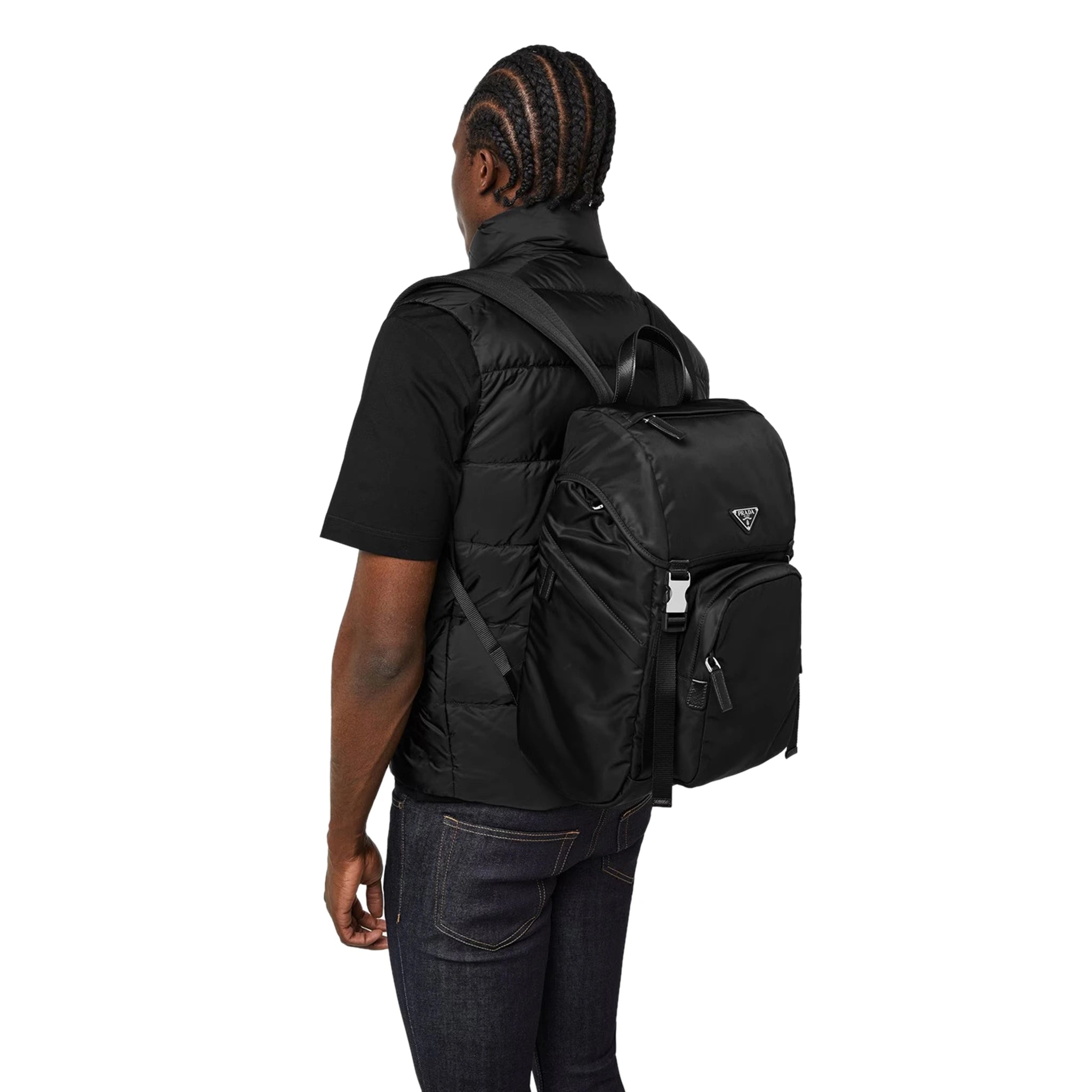 Model Side view of Prada Re-Nylon Saffiano Leather Black Backpack 2VZ135_2DMG_F0002_V_HOL