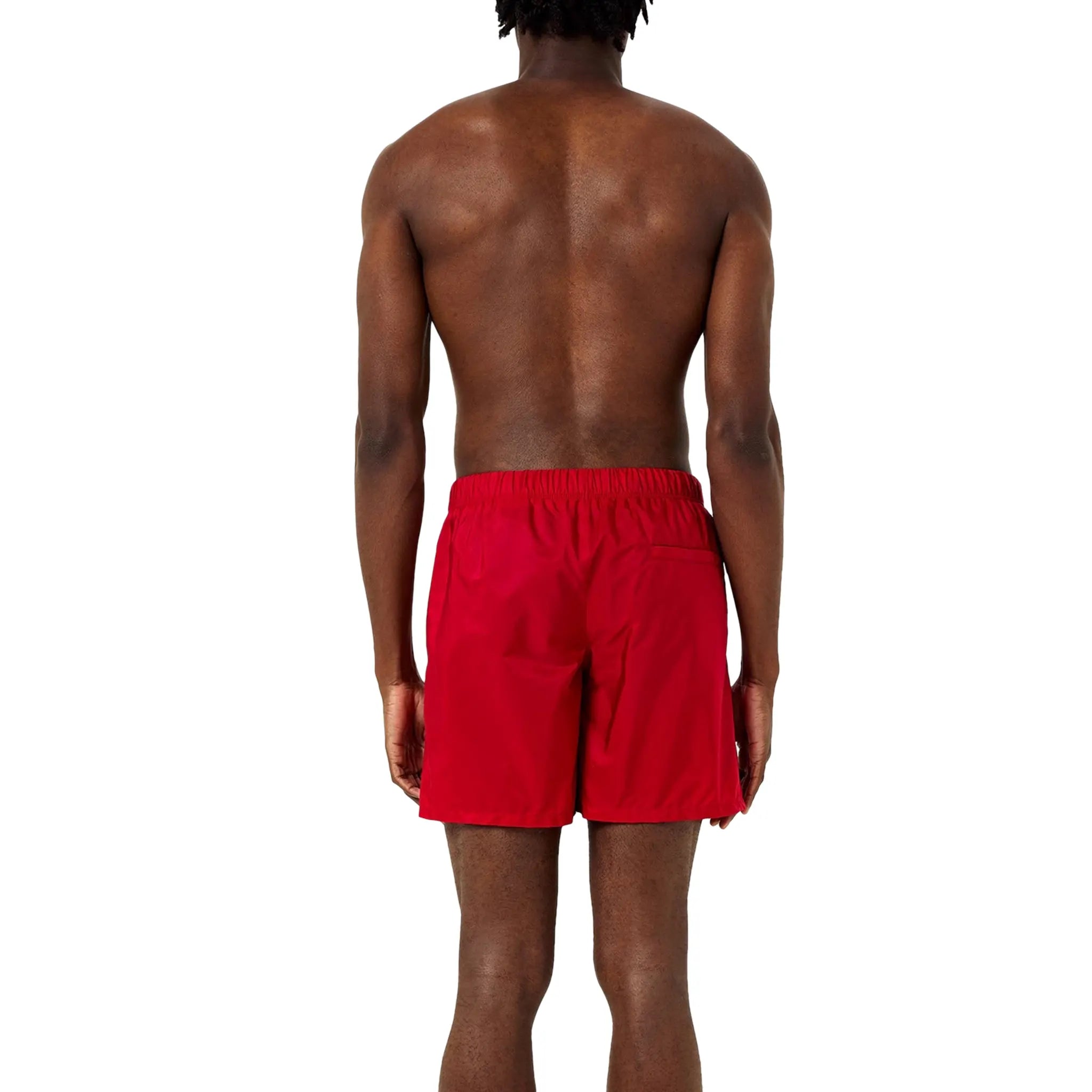 Model Back view of Prada Triangle Interlock Red Swim Shorts UB372SOOO1WQ9