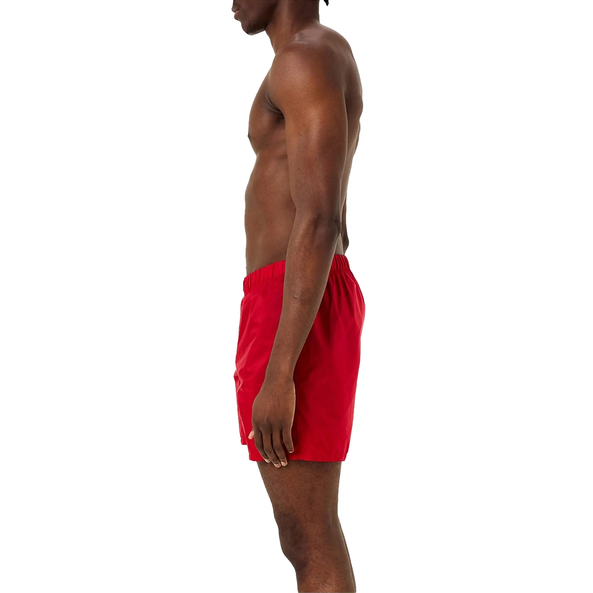 Model Side view of Prada Triangle Interlock Red Swim Shorts UB372SOOO1WQ9