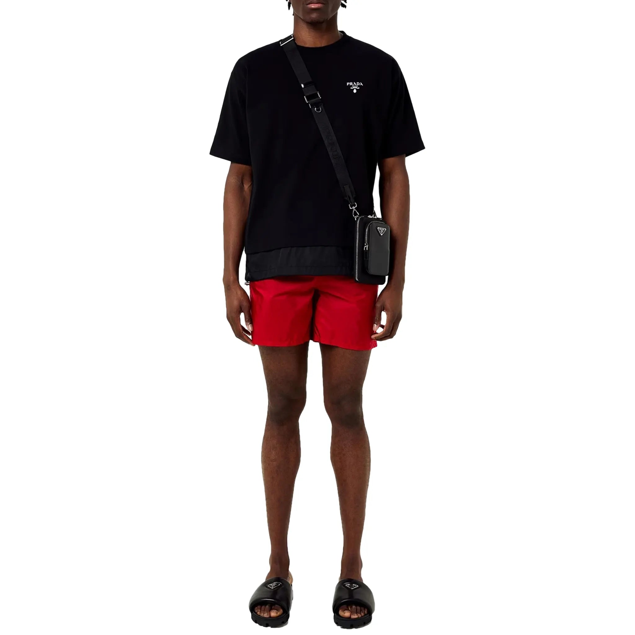 Model view of Prada Triangle Interlock Red Swim Shorts UB372SOOO1WQ9