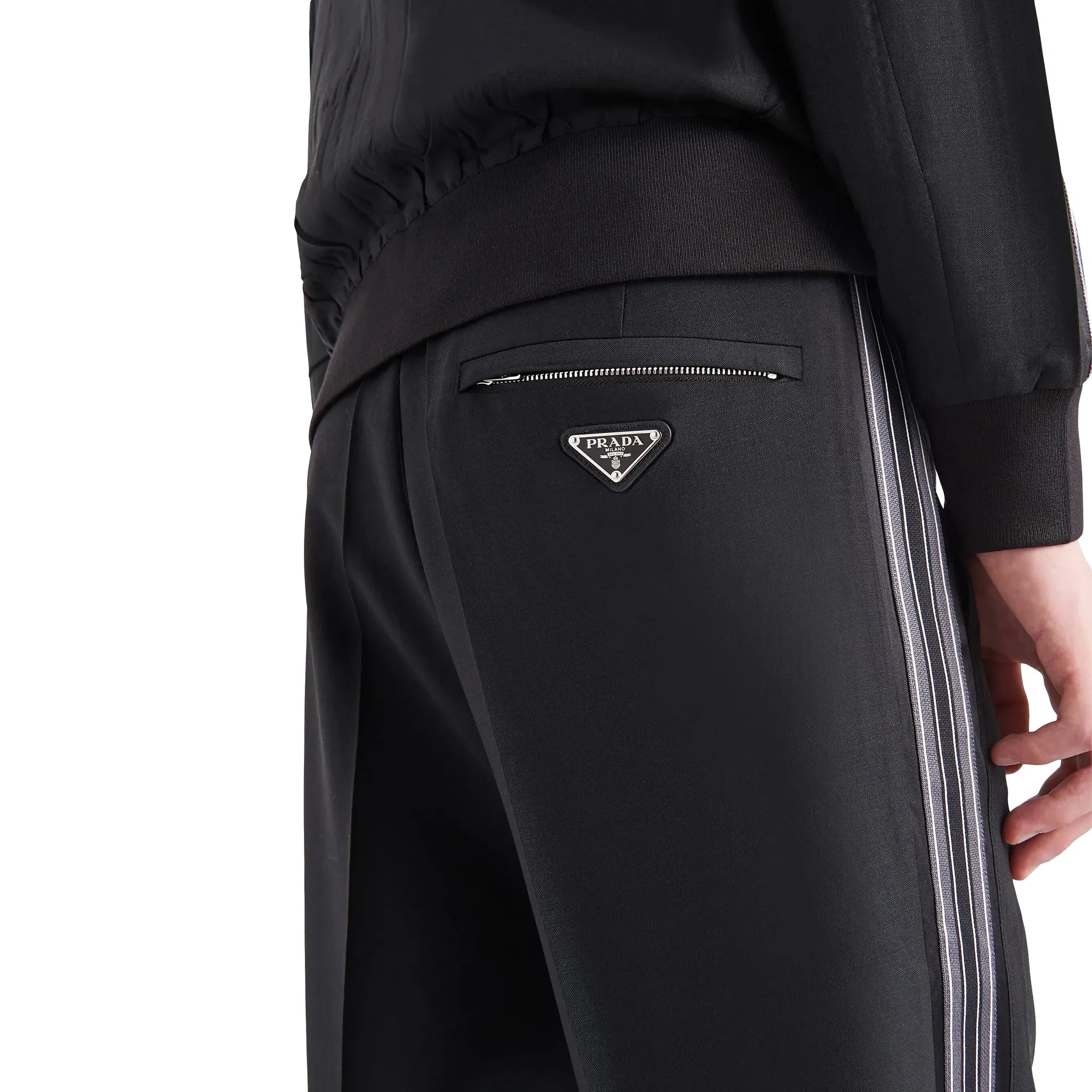 Detailed Side View of Prada Triangle Logo Mohair And Wool Trousers SPH261S231G54