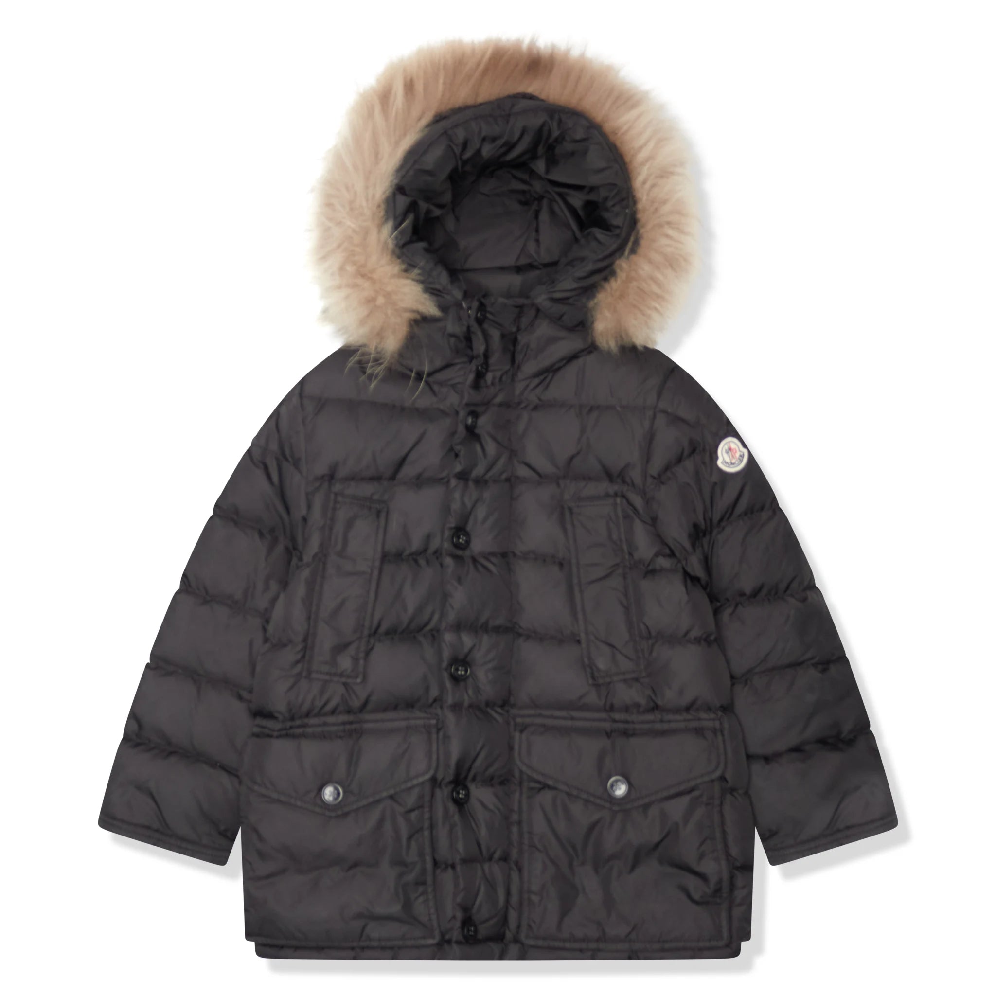 Front view of Preloved - Moncler Cluny Black Short Down 100% Real Fur Kids Parka Jacket