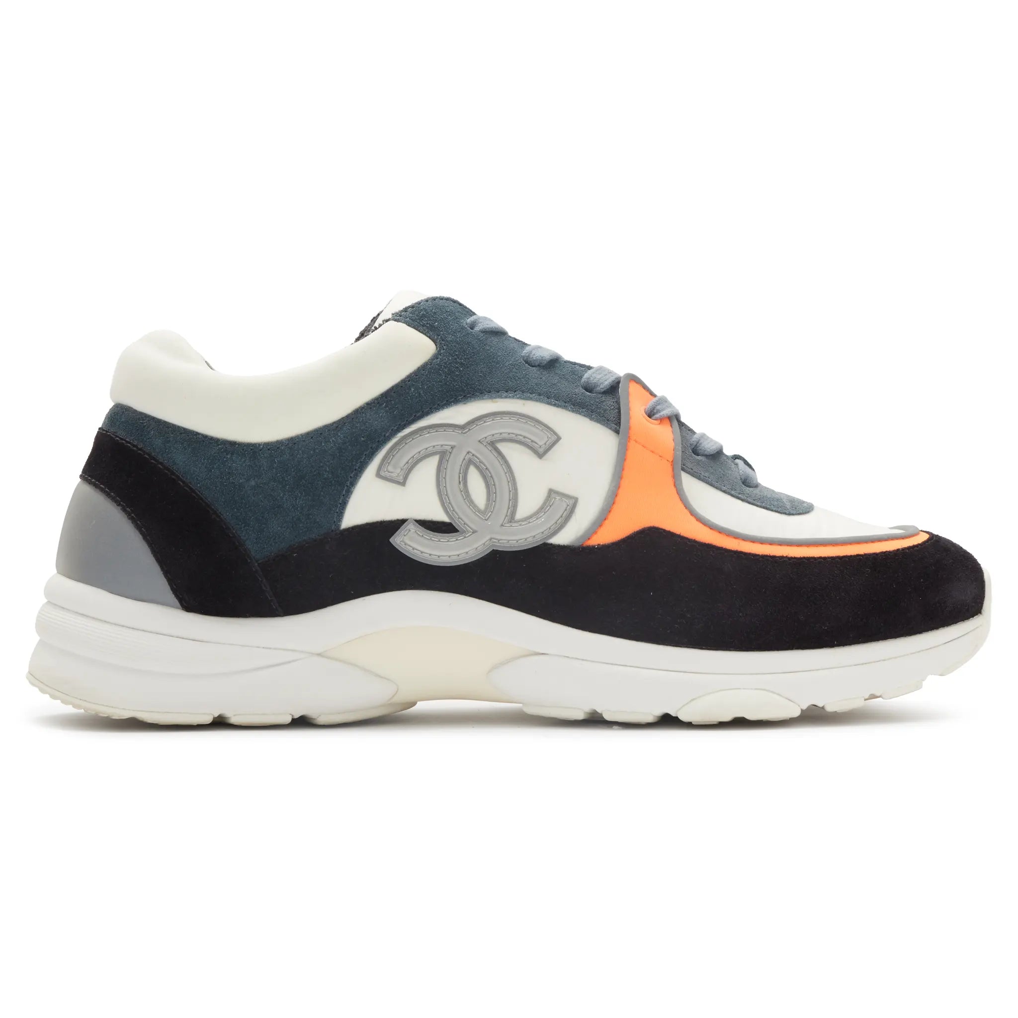 Side View of Preloved - Chanel CC Logo Suede Nylon White Orange Blue Sneaker