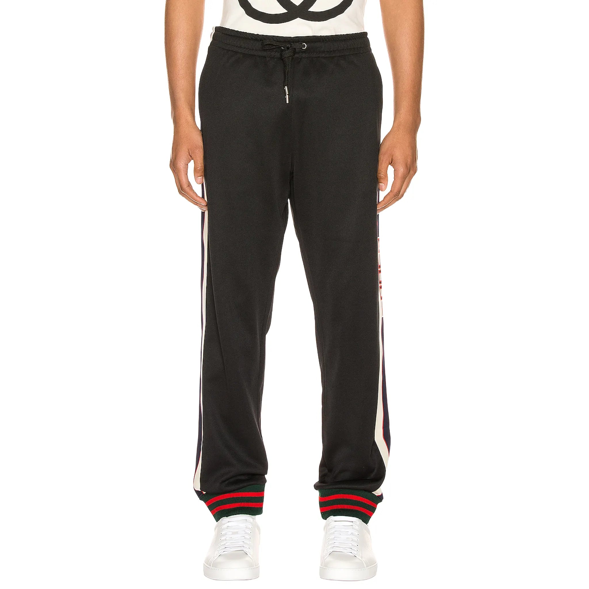 Front View of Preloved - Gucci Tape Logo Technical Jersey Black Sweatpants