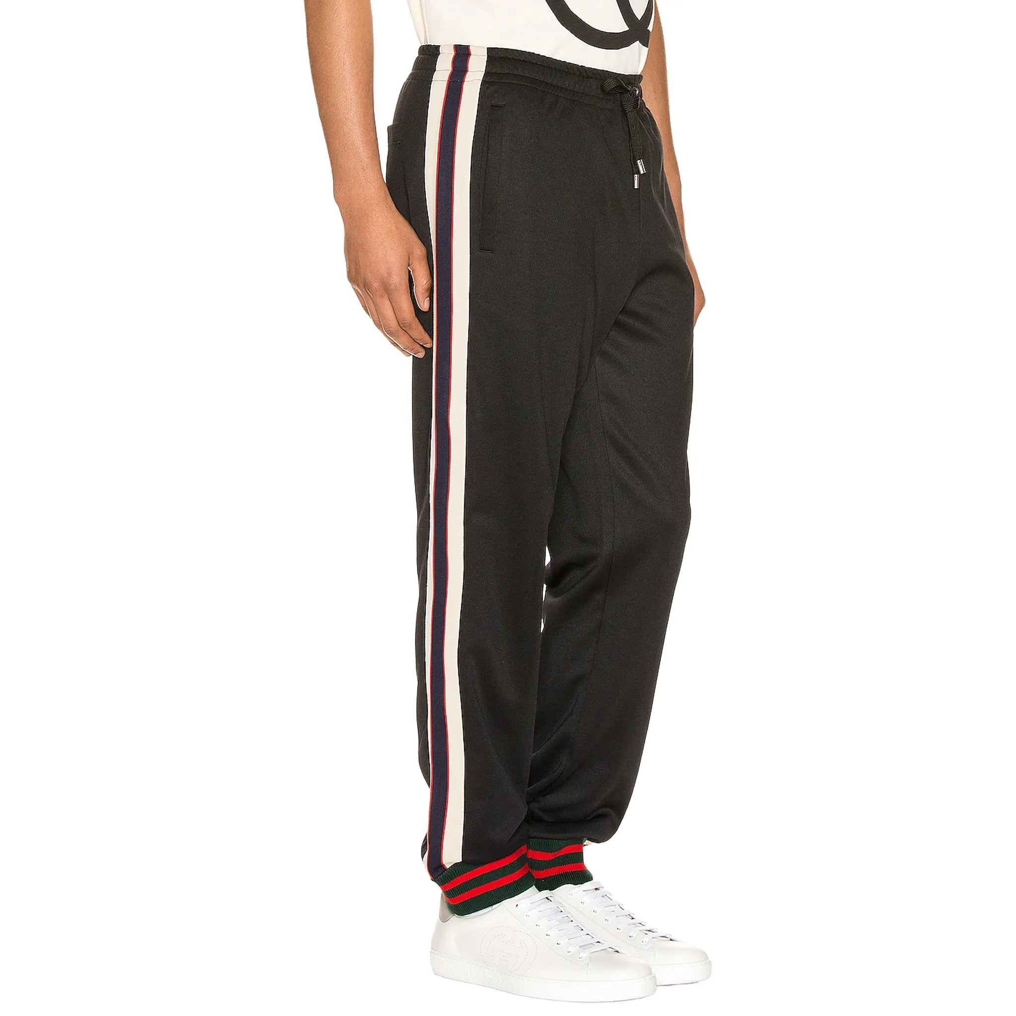 Front Side View of Preloved - Gucci Tape Logo Technical Jersey Black Sweatpants