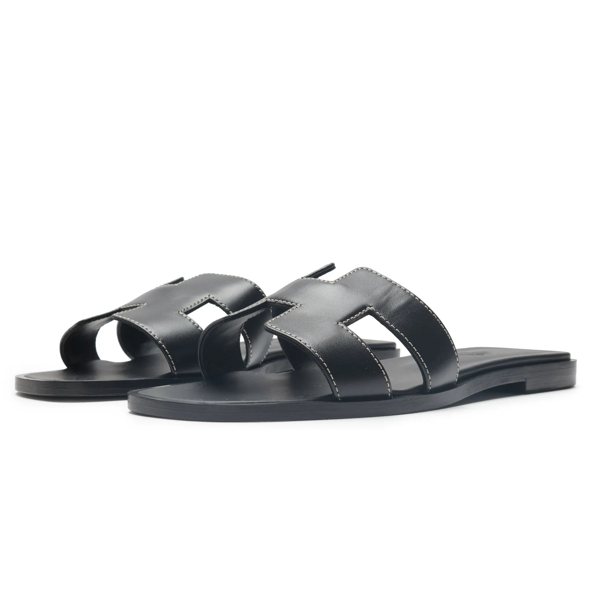 Front Side View of Preloved - Hermes Paris Oran Black Sandal H021056Z 01340