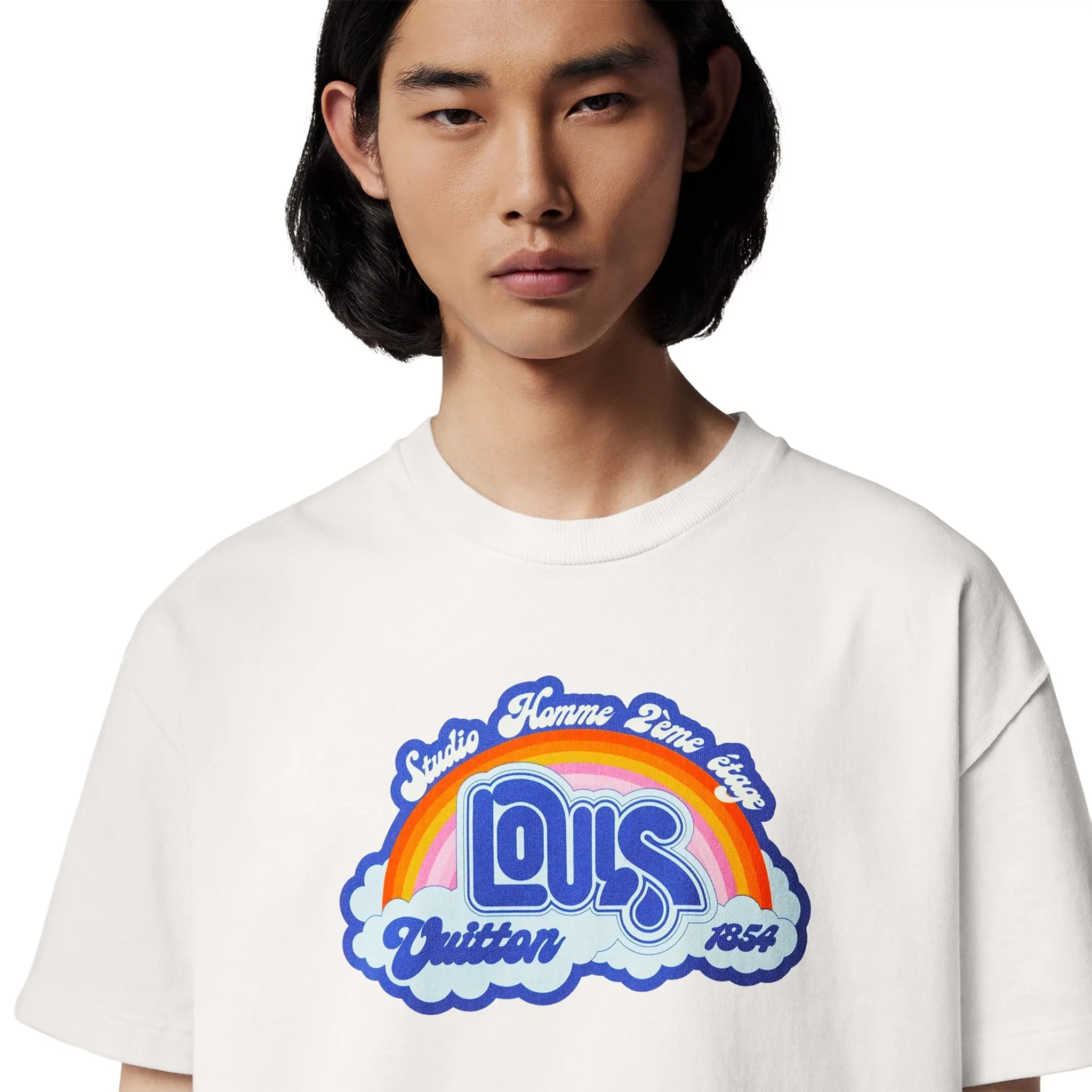 Detailed Front View of Preloved - Louis Vuitton Rainbow Printed Milky White T-Shirt 1AB4UM