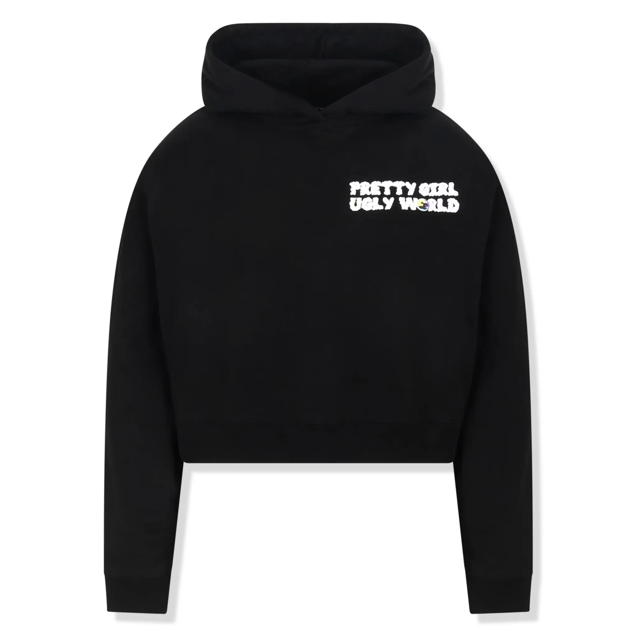 Front View of Pretty Girl Ugly World Cropped Black Hoodie (W) 42803350