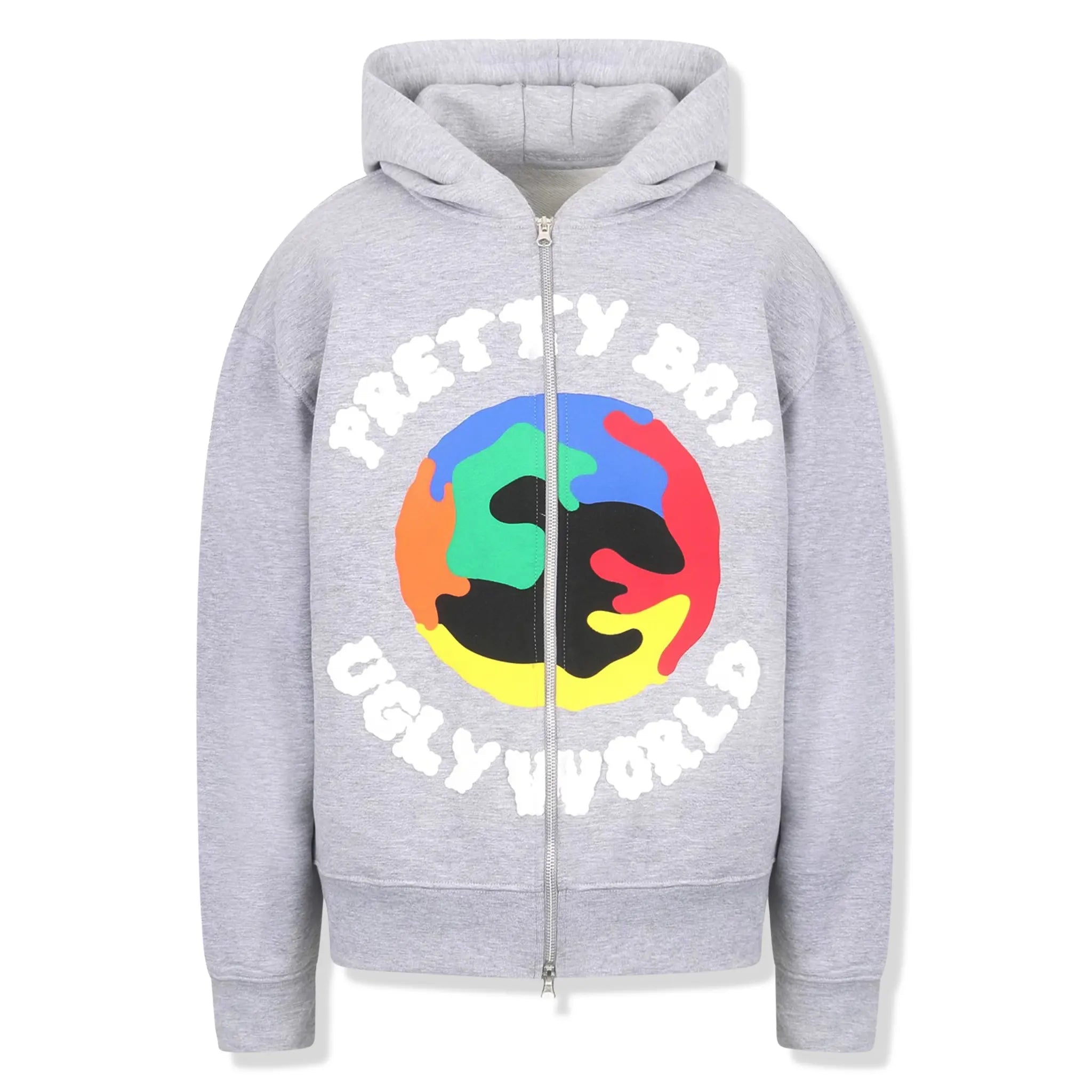 Front View of Pretty Boy Ugly World Grey Zip-Up Hoodie 53263702350