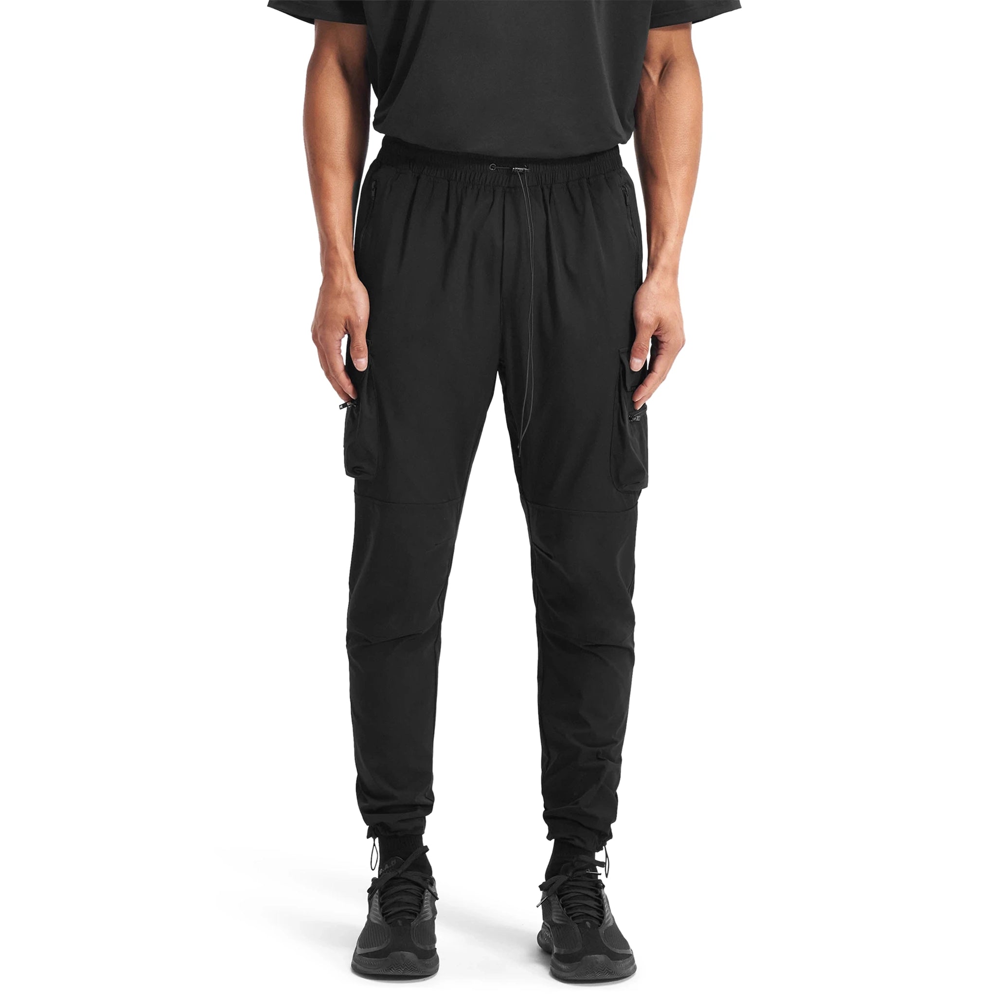 Model fron view of Represent 247 Black Cargo Pants