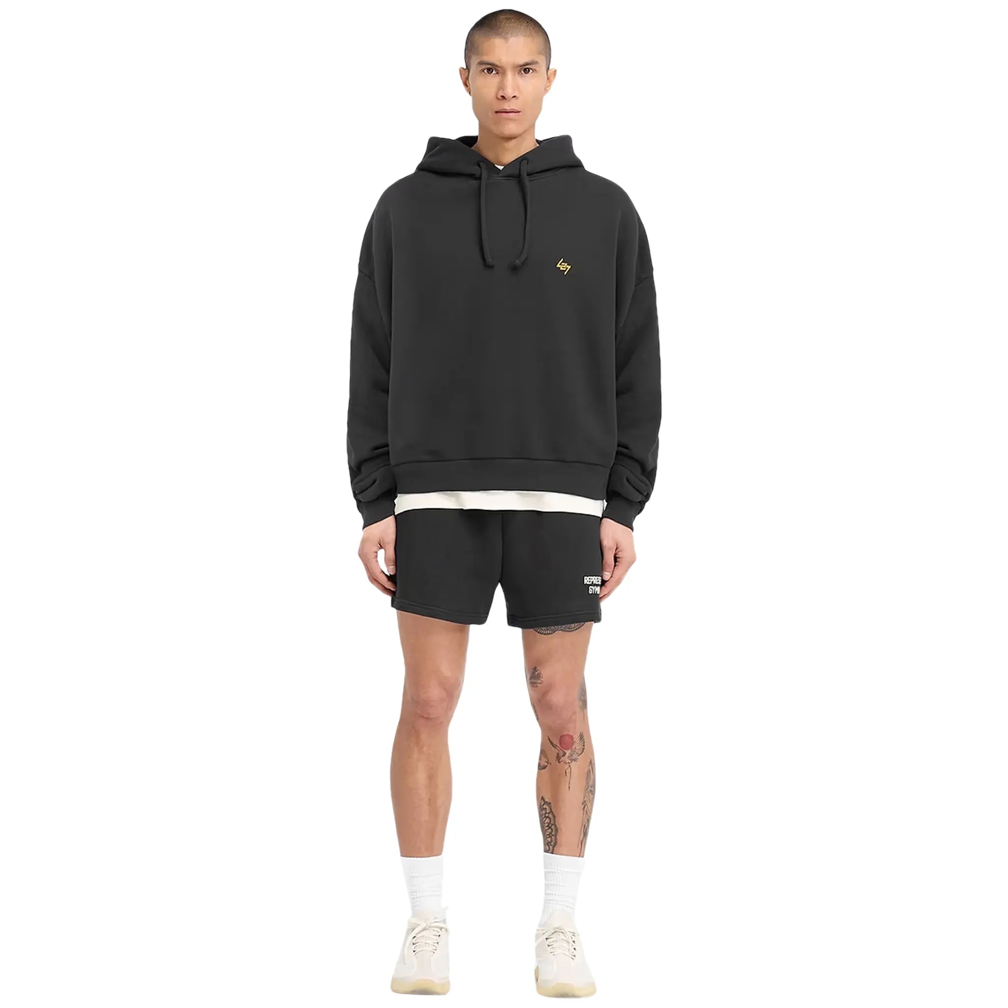 Model Front view of Represent 247 On His Shoulders Boxy Off Black Hoodie 247M475-171