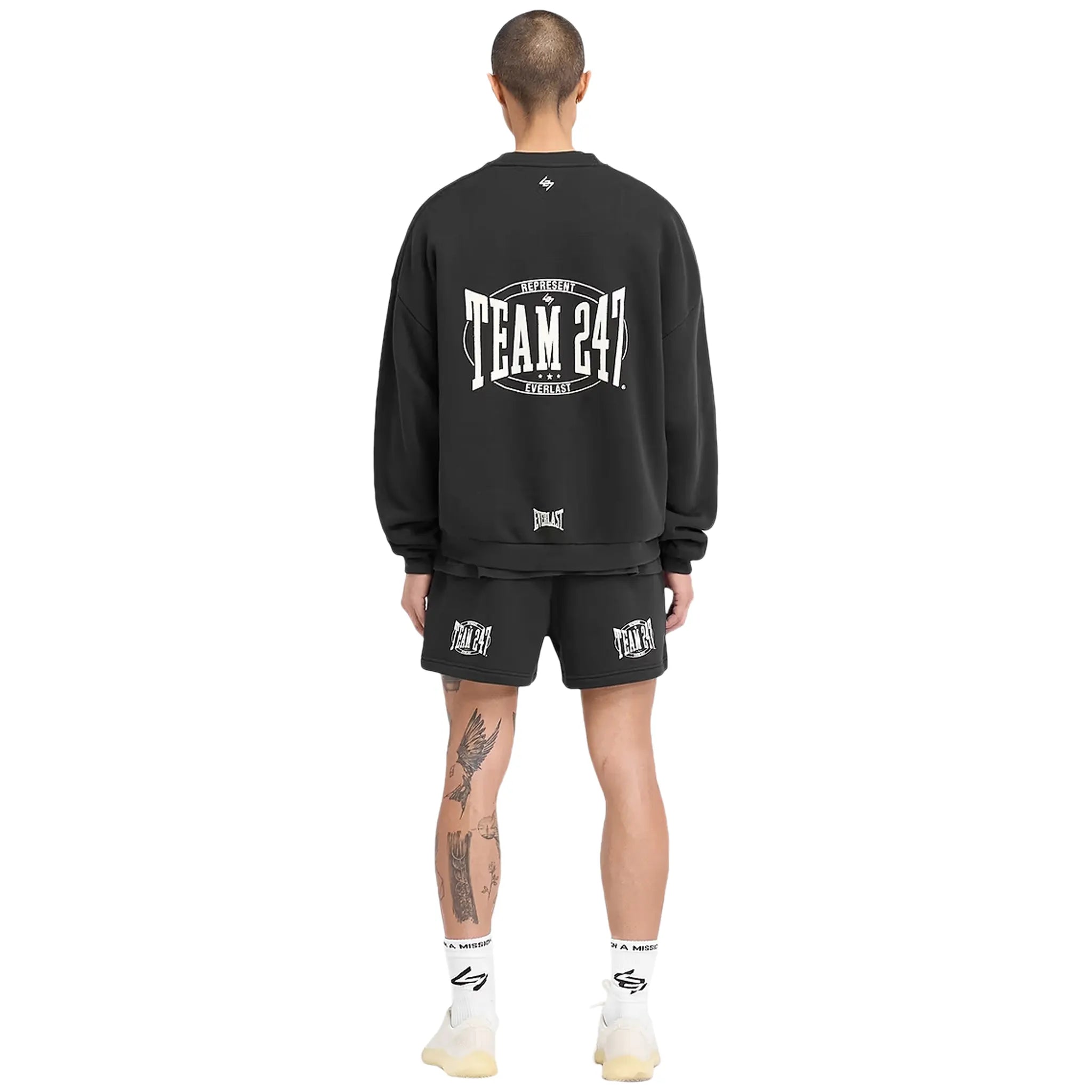 Model Back view of Represent 247 X Everlast Training Camp Boxy Off Black Sweatshirt 247M499-171