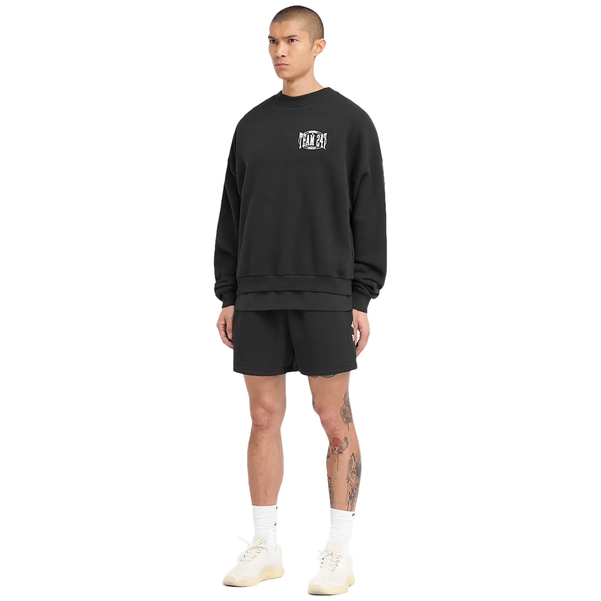 Model Side view of Represent 247 X Everlast Training Camp Boxy Off Black Sweatshirt 247M499-171