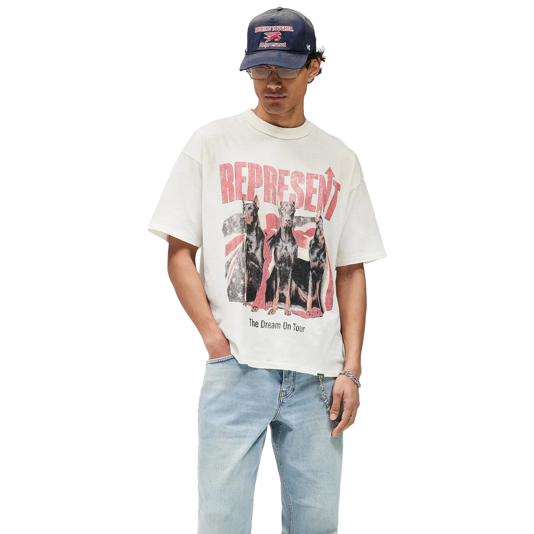 Front View of Represent Dream On Tour Oversized Washed Ecru T-Shirt MLM100593-30